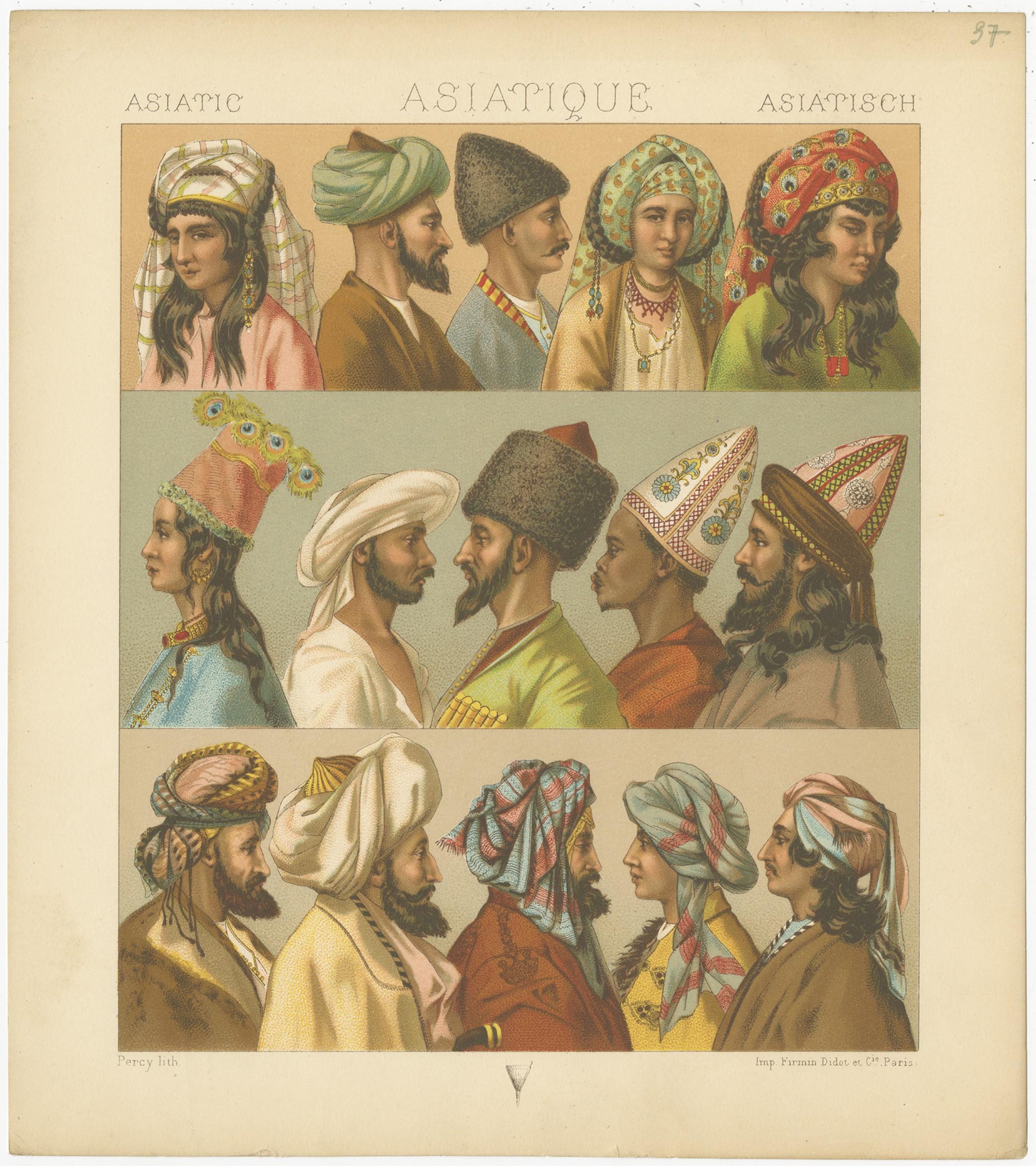 Antique print titled 'Asiatic - Asiatique - Asiatisch'. Chromolithograph of Asiatic headwear. This print originates from 'Le Costume Historique' by M.A. Racinet. Published, circa 1880.