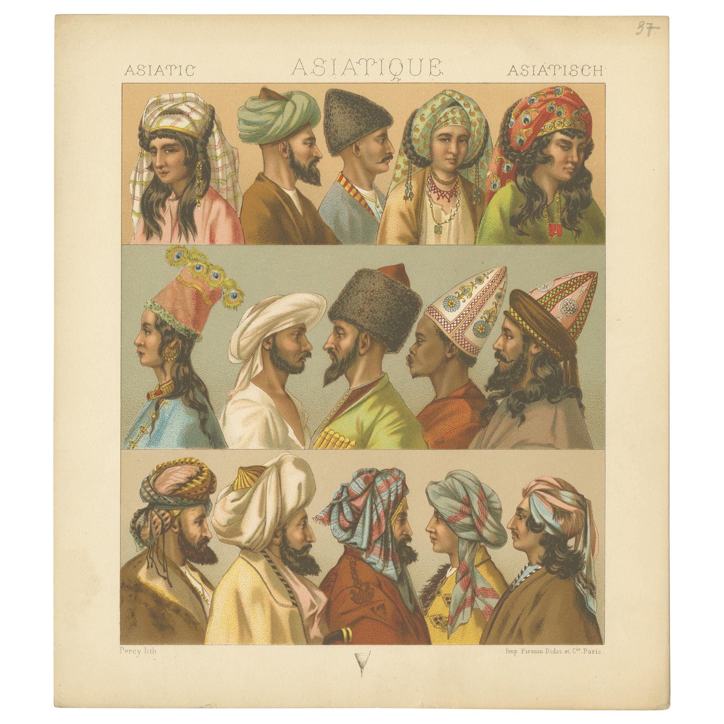 Pl. 37 Antique Print of Asiatic Headwear by Racinet, 'circa 1880' For Sale