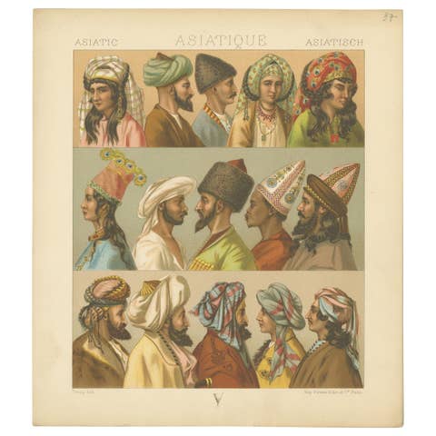 Pl. 37 Antique Print of Asiatic Headwear by Racinet, 'circa 1880'