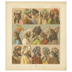 Pl. 37 Antique Print of Asiatic Headwear by Racinet, 'circa 1880'