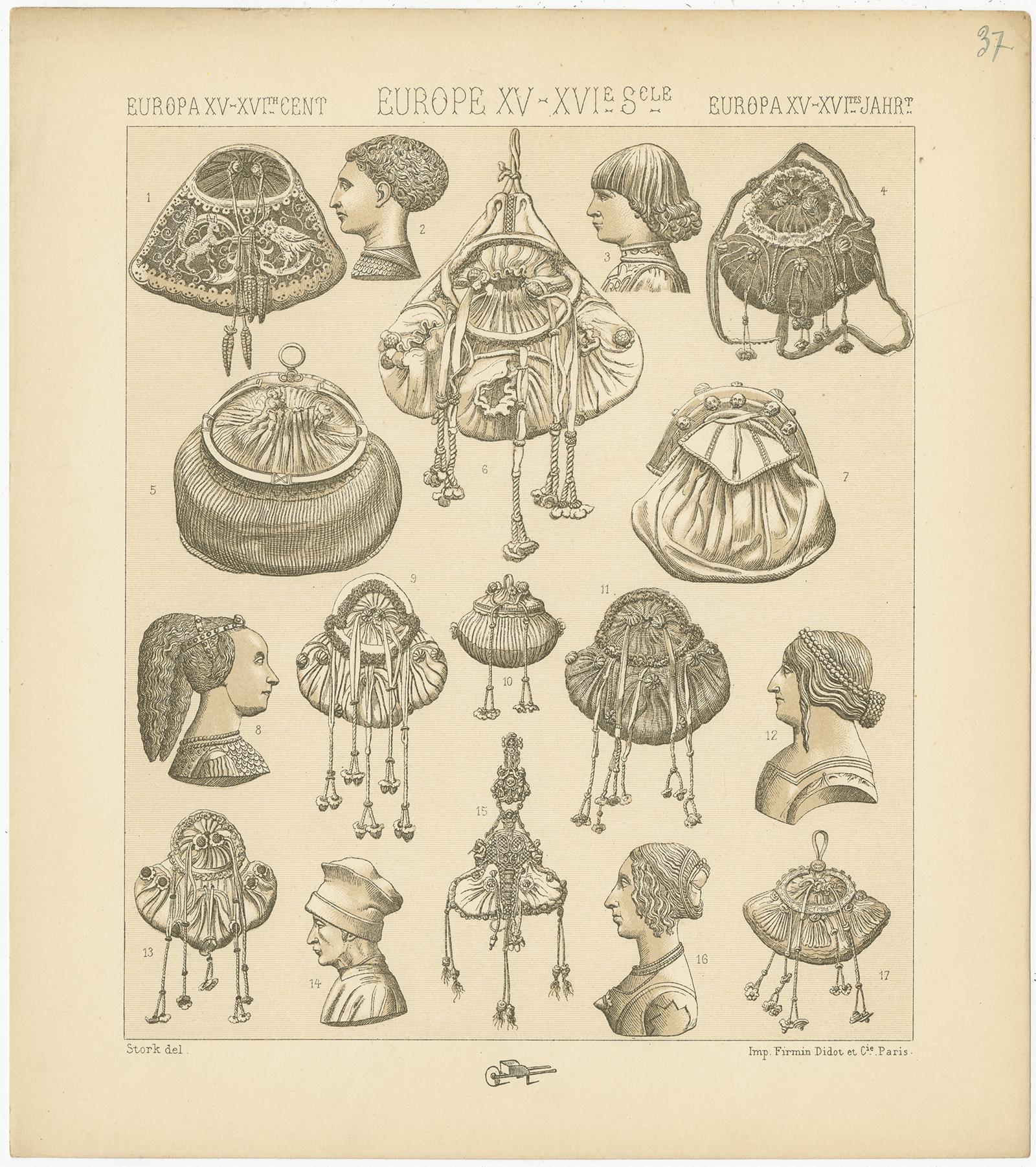 Antique print titled 'Europa XV-XVIth Cent - Europe XV-XVIe, Sele - Europa XV-XVItes Jahr'. Chromolithograph of European 15th-16th century decorative objects. This print originates from 'Le Costume Historique' by M.A. Racinet. Published, circa 1880.