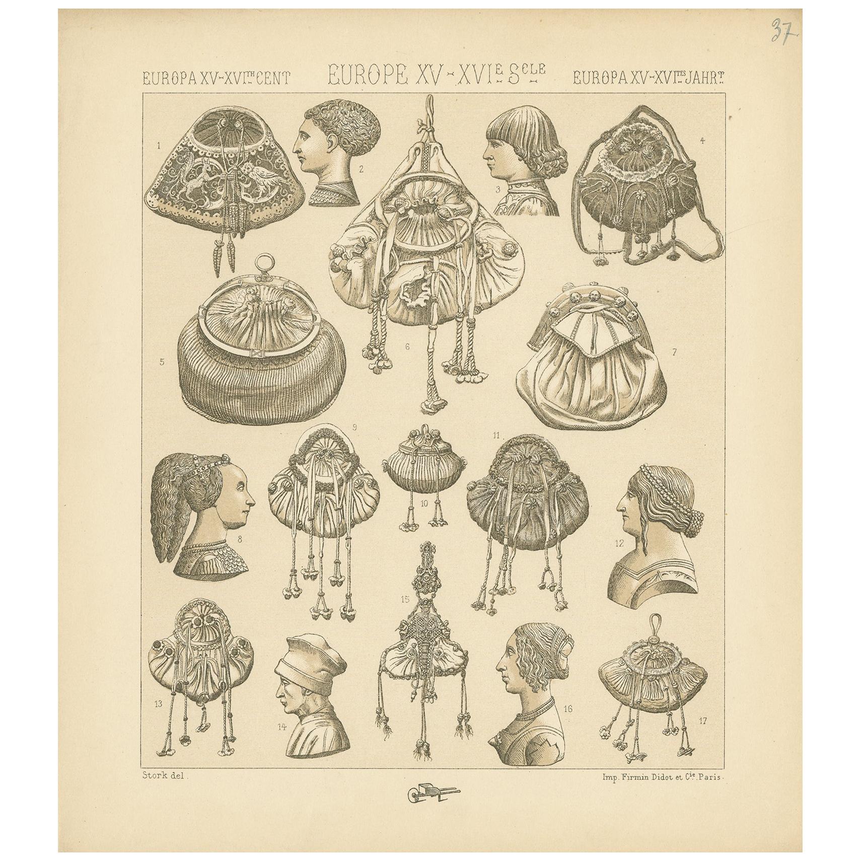 Pl 37 Antique Print of European 15th-16th Century Decorative Objects by Racinet For Sale