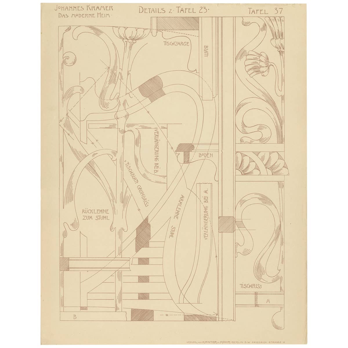 Antique Print of Furniture Details by Kramer, circa 1910