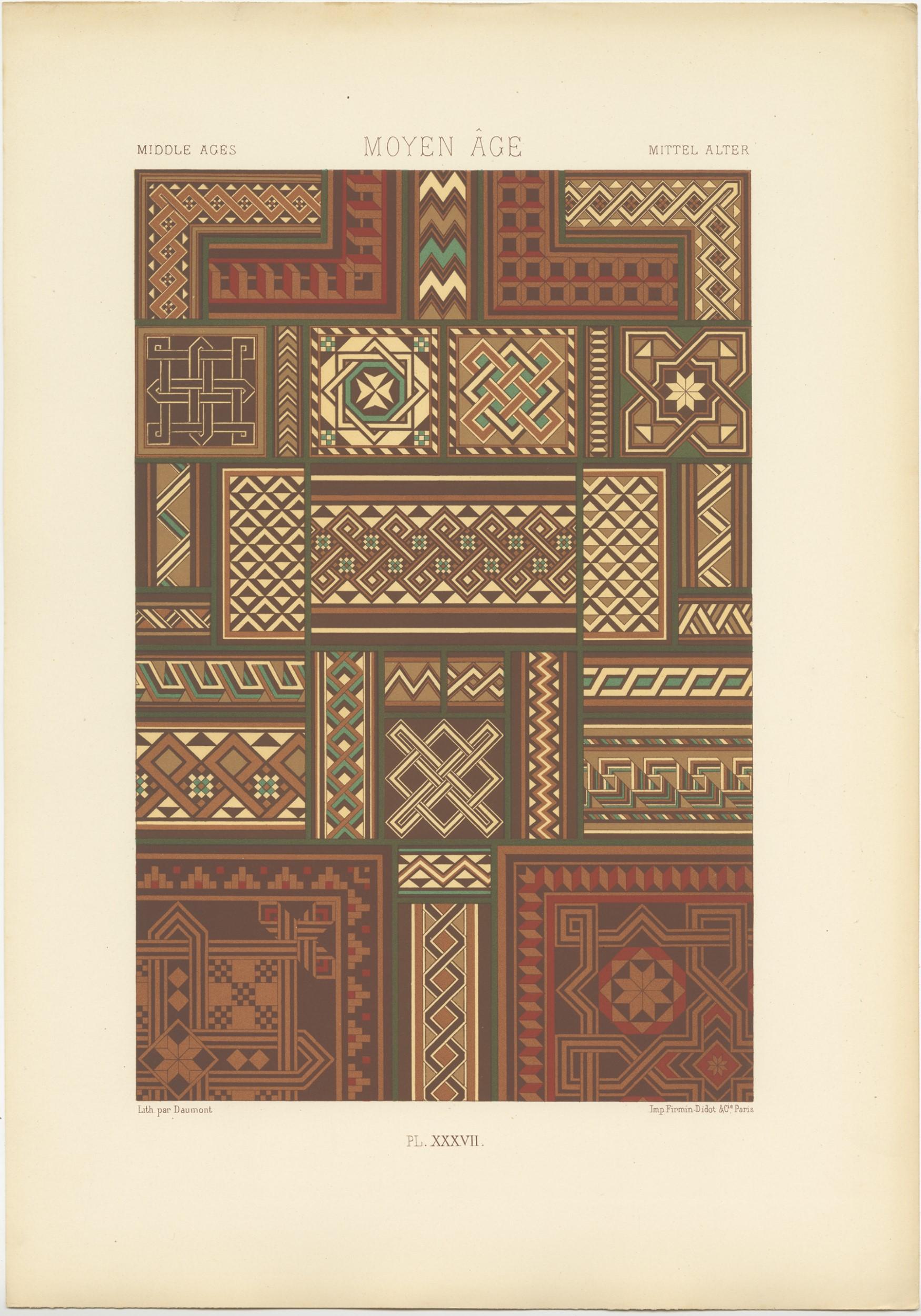 Grabado antiguo titulado 'Middles Ages - Moyen Âges - Mittle Alter'. Cromolitografía de ornamentos y artes decorativas de la Edad Media. Este grabado procede de 