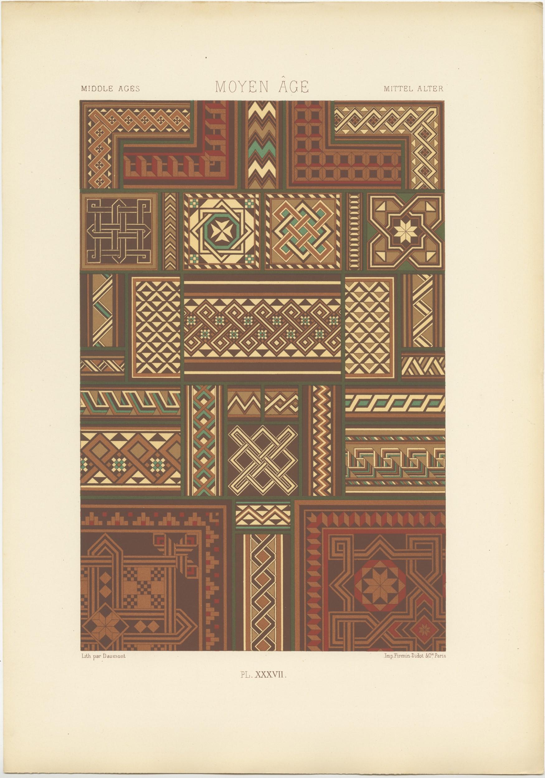 19th Century Pl. 37 Antique Print of Middles Ages Ornaments by Racinet, circa 1890 For Sale