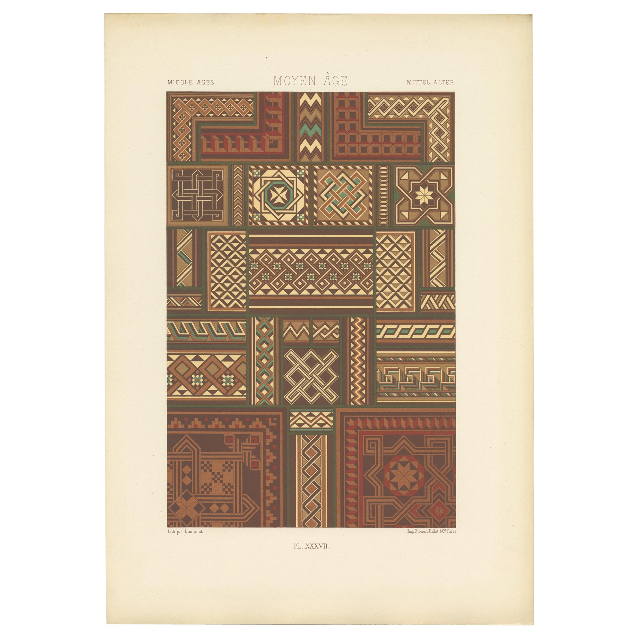 Pl. 37 Grabado antiguo de Ornamentos de la Edad Media de Racinet, hacia 1890