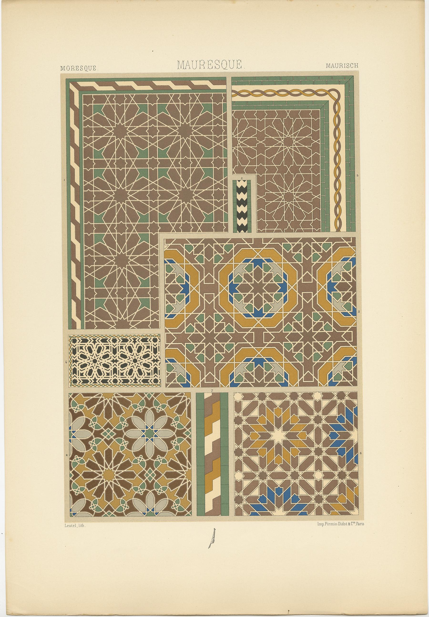 Antique print titled 'Moresque - Mauresque - Maurisch'. Chromolithograph of motifs from Algerian public architecture, 13th and 14th centuries ornaments. This print originates from 'l'Ornement Polychrome' by Auguste Racinet. Published circa 1890.