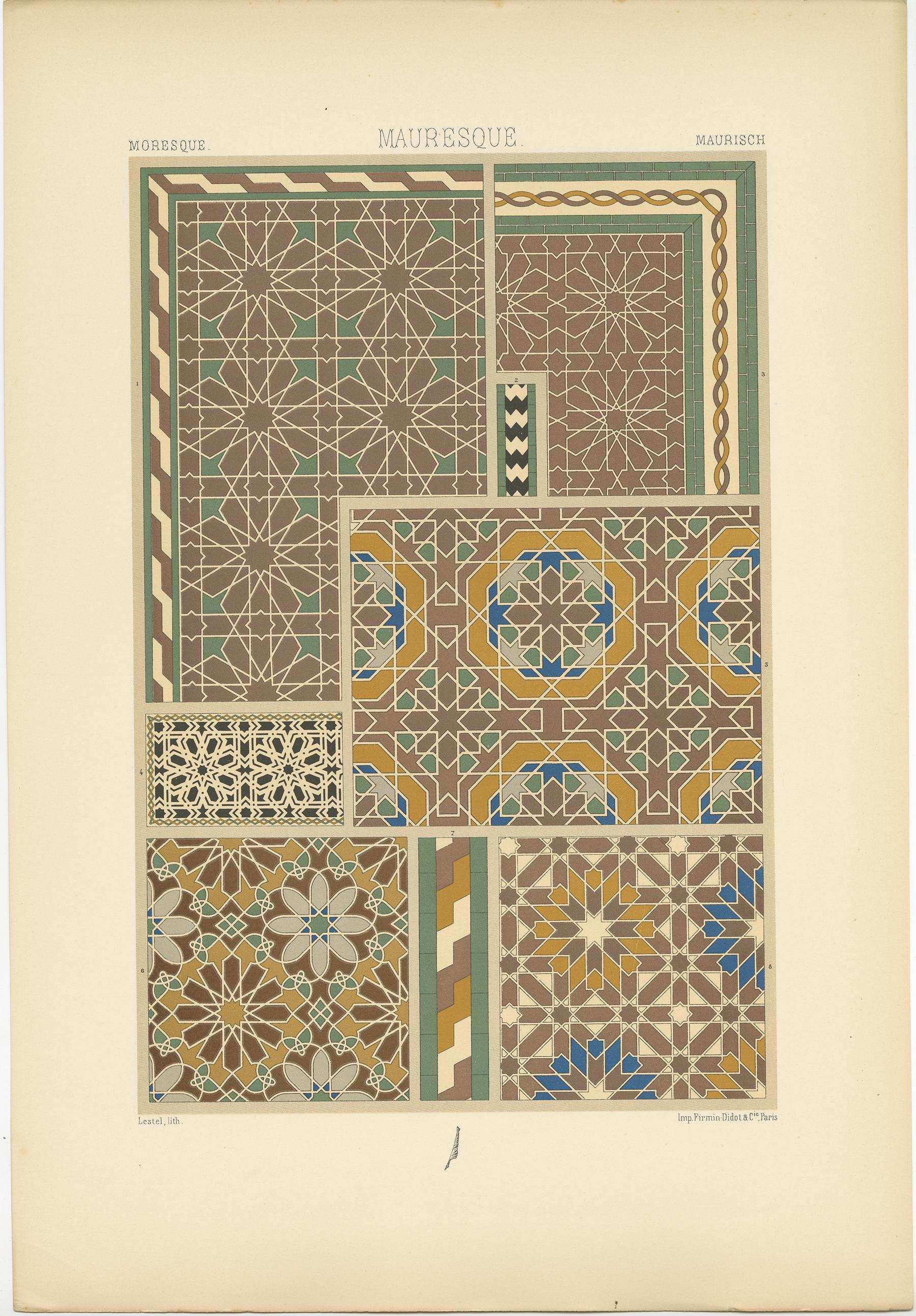 Stampa antica dal titolo 'Moresque - Mauresque - Maurisch'. Cromolitografia di motivi dell'architettura pubblica algerina, ornamenti del XIII e XIV secolo. Questa stampa proviene da 'l'Ornement Polychrome' di Auguste Racinet. Pubblicato nel 1890