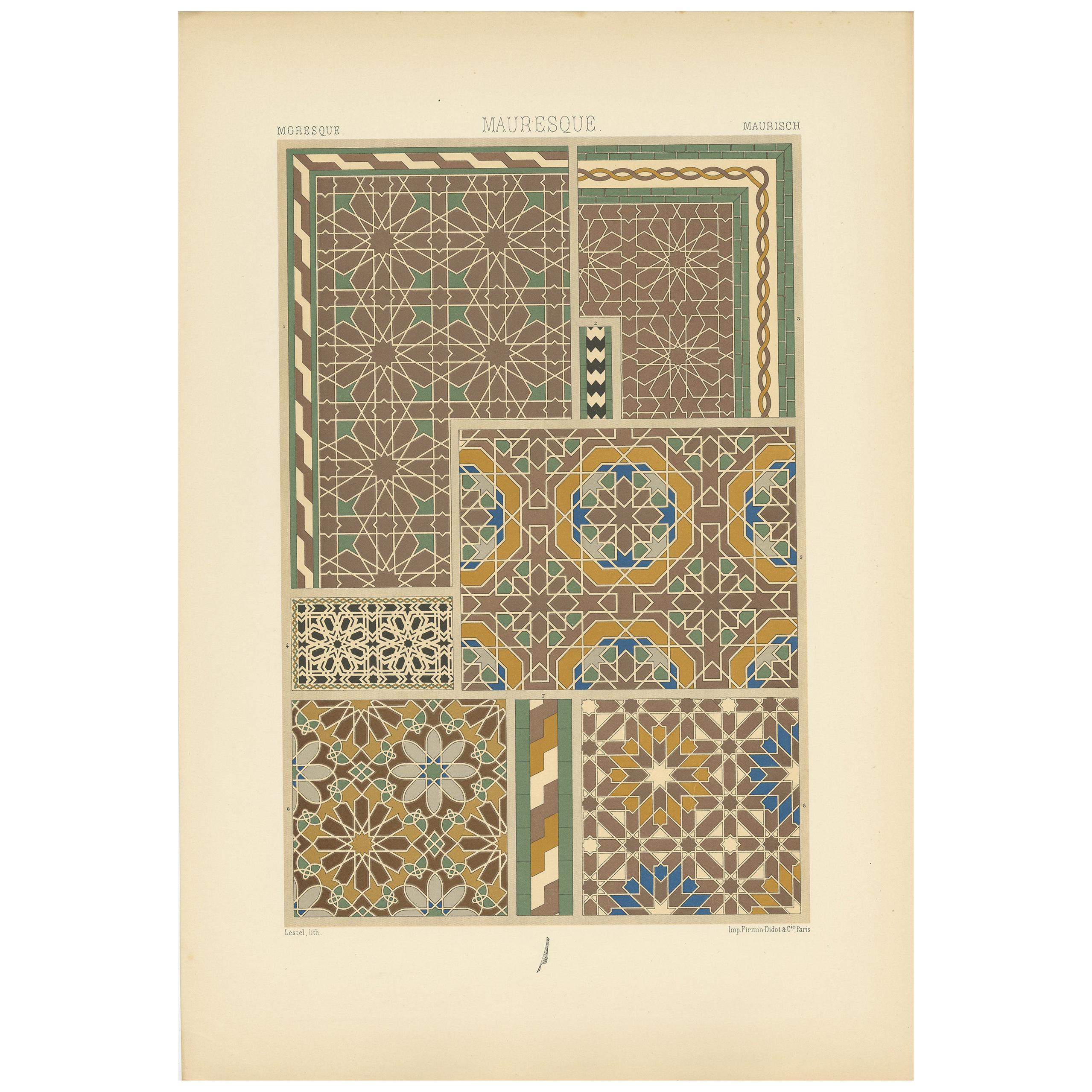 Pl. 37 Antique Print of Moorish Motifs from Algerian Public, Racinet, circa 1890 For Sale