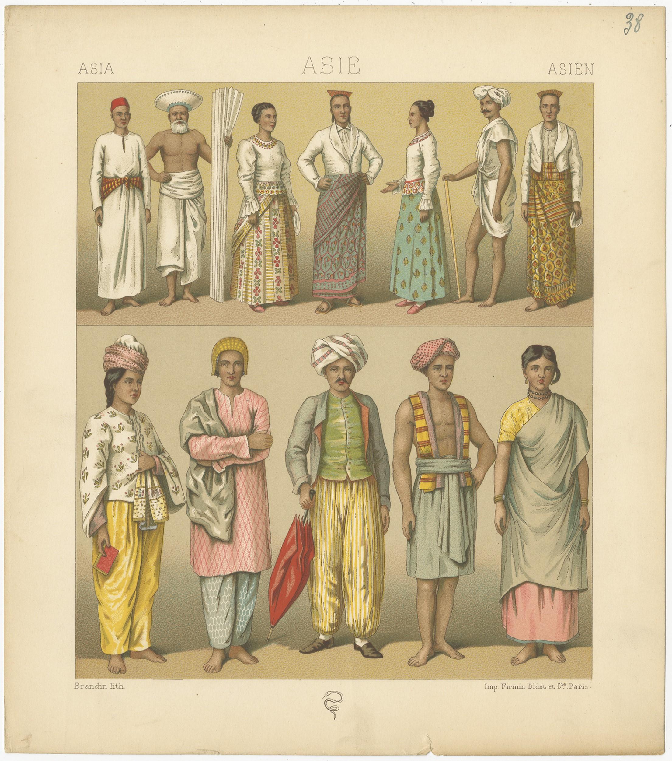 Antique print titled 'Asia - Asie - Asien'. Chromolithograph of Asian Clothing. This print originates from 'Le Costume Historique' by M.A. Racinet. Published, circa 1880.