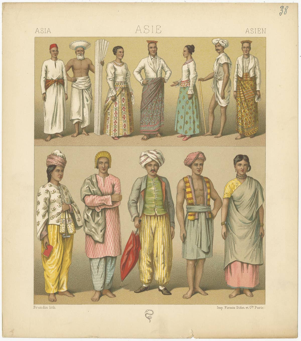 Pl. 38 Antique Print of Asian Clothing by Racinet, 'circa 1880'
