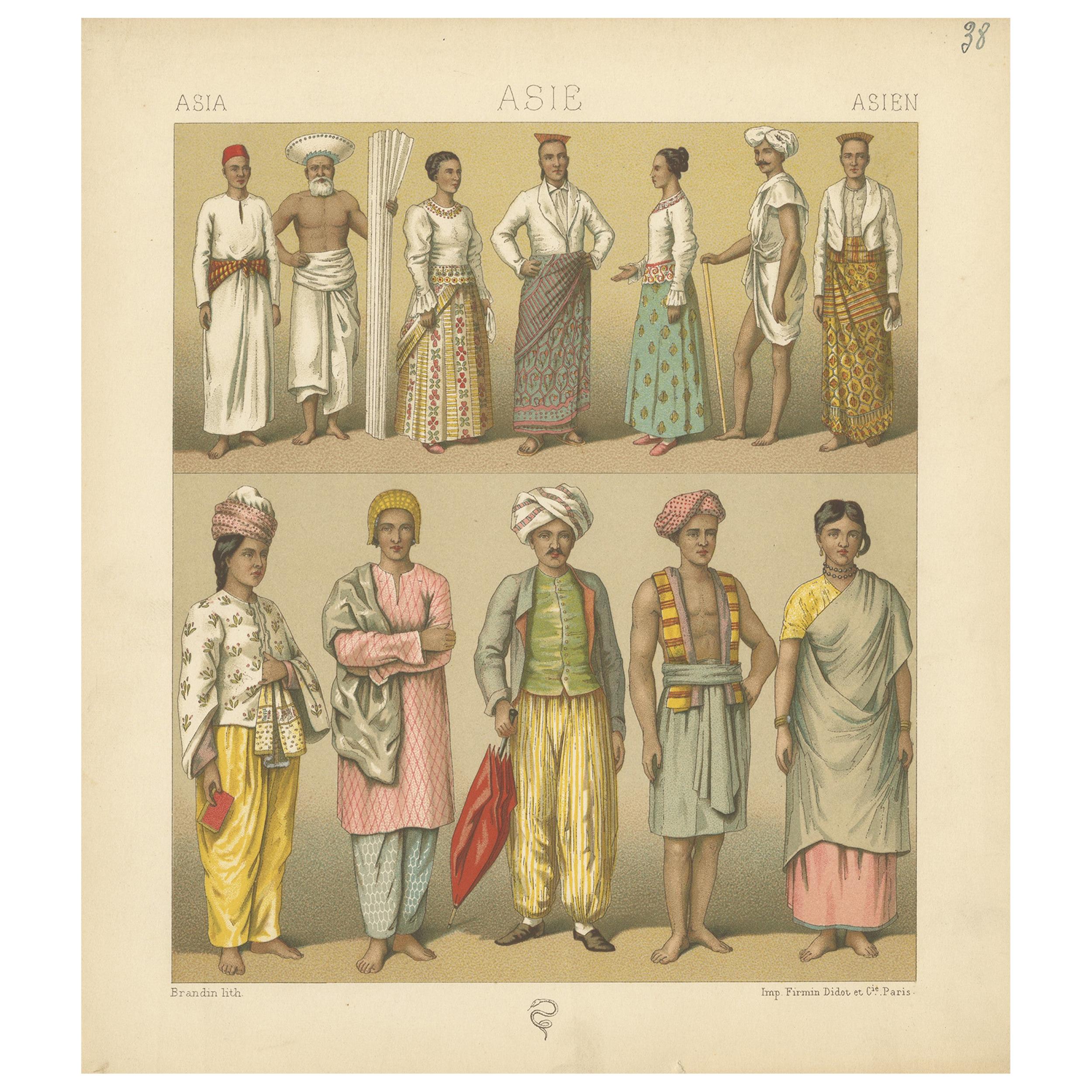 Pl. 38 Antique Print of Asian Clothing by Racinet, 'circa 1880' For Sale