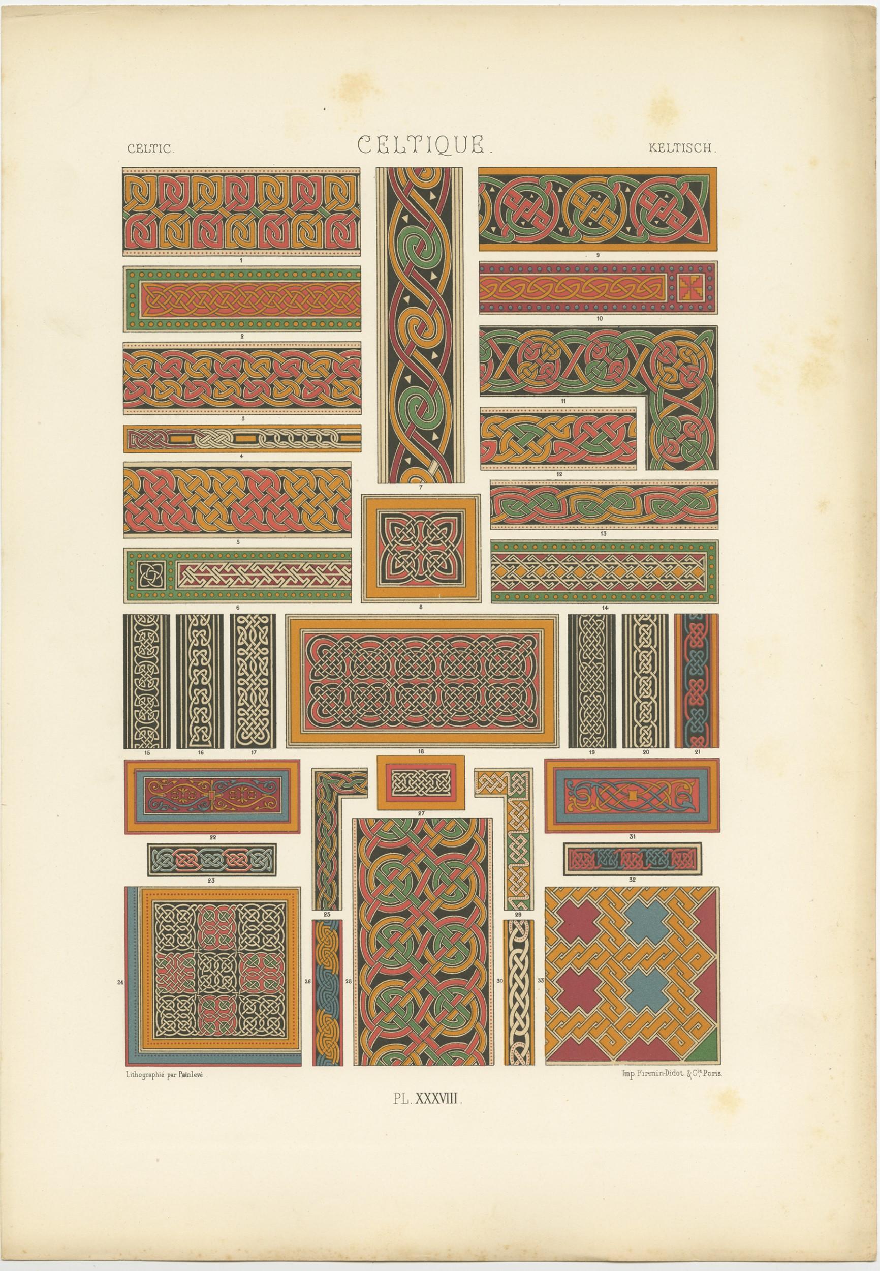 Antique print titled 'Celtic - Celtique - Keltisch'. Chromolithograph of Celtic ornaments and decorative arts. This print originates from 'l'Ornement Polychrome' by Auguste Racinet. Published, circa 1890.