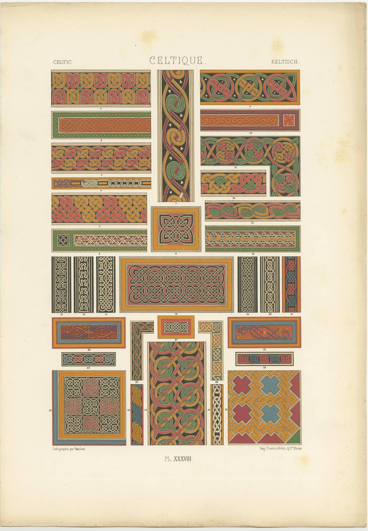Pl. 38 Antique Print of Celtic Ornaments by Racinet, 'circa 1890'