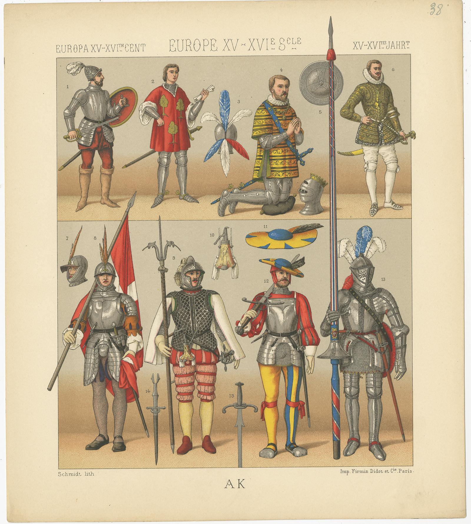 Antique print titled 'Europa XV, XVIth Cent - Europe XV, XVIe Sele - Europa XV, XVItes Jahr'. Chromolithograph of European 15th-16th century armament. This print originates from 'Le Costume Historique' by M.A. Racinet. Published, circa 1880.