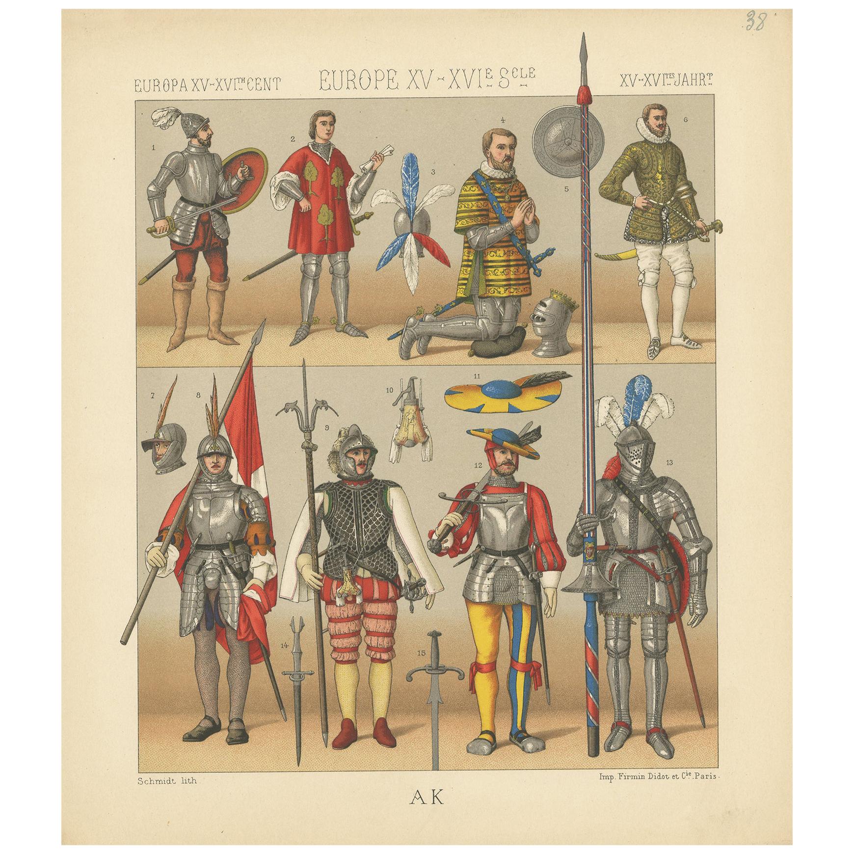 Pl 38 Antique Print of European 15th-16th Century Armament by Racinet