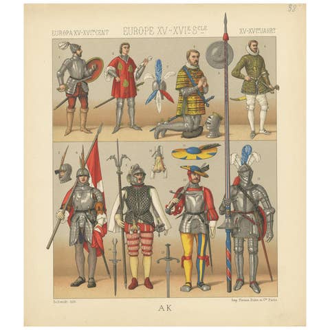 Pl 38 Antique Print of European 15th-16th Century Armament by Racinet