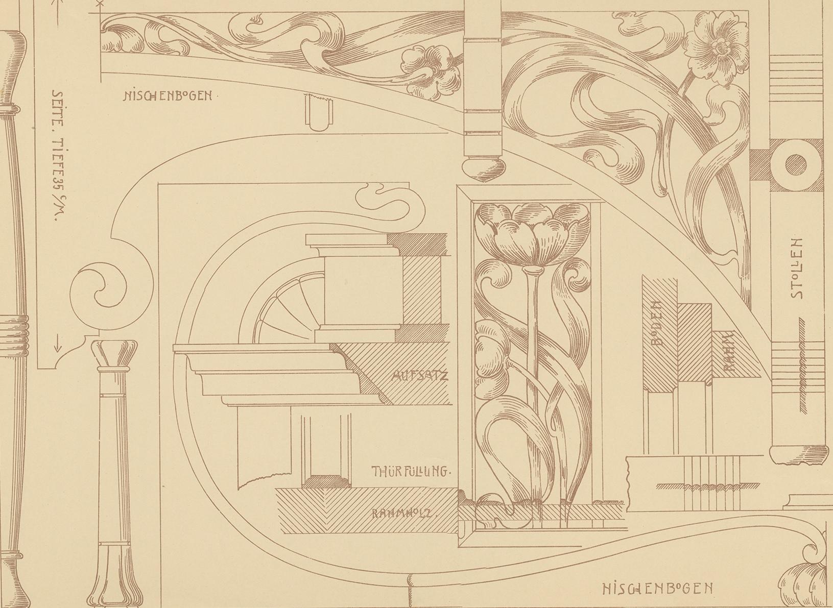Antique print titled 'Details z. Tafel'. Lithograph of furniture details. This print originates from 'Det Moderna Hemmet' by Johannes Kramer. Published by Ferdinand Hey'l, circa 1910.