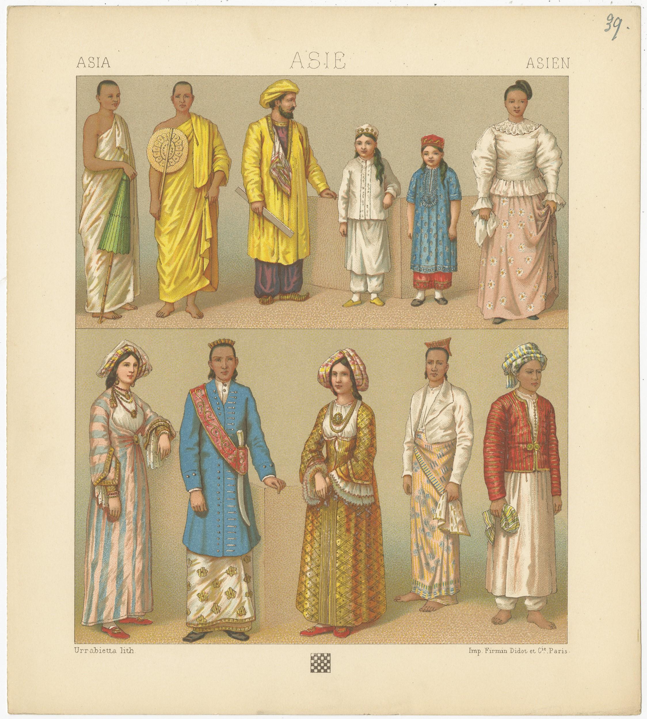 Antique print titled 'Asia - Asie - Asien'. Chromolithograph of Asian Clothing. This print originates from 'Le Costume Historique' by M.A. Racinet. Published, circa 1880.