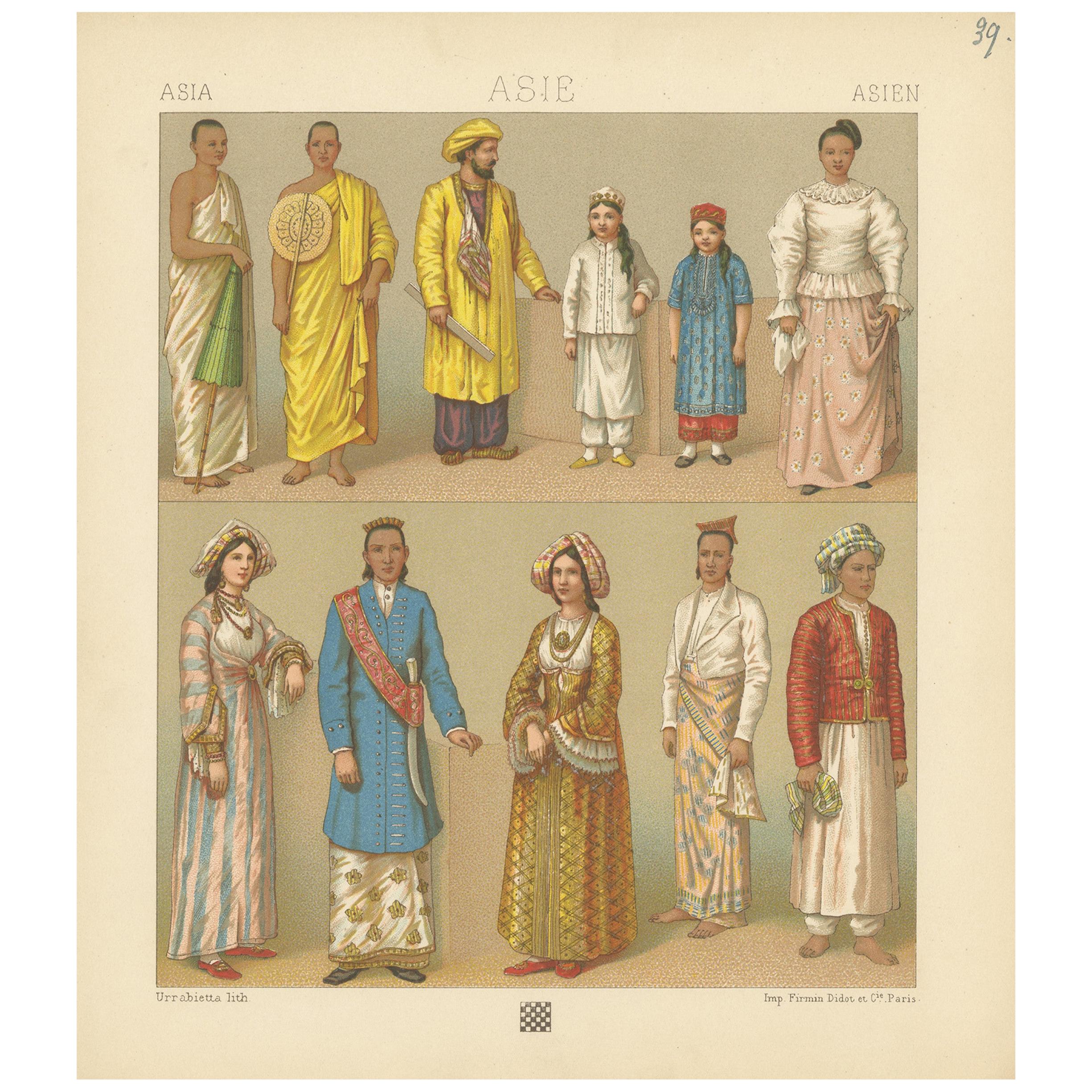 Pl. 39 Antique Print of Asian Clothing by Racinet, 'circa 1880' For Sale