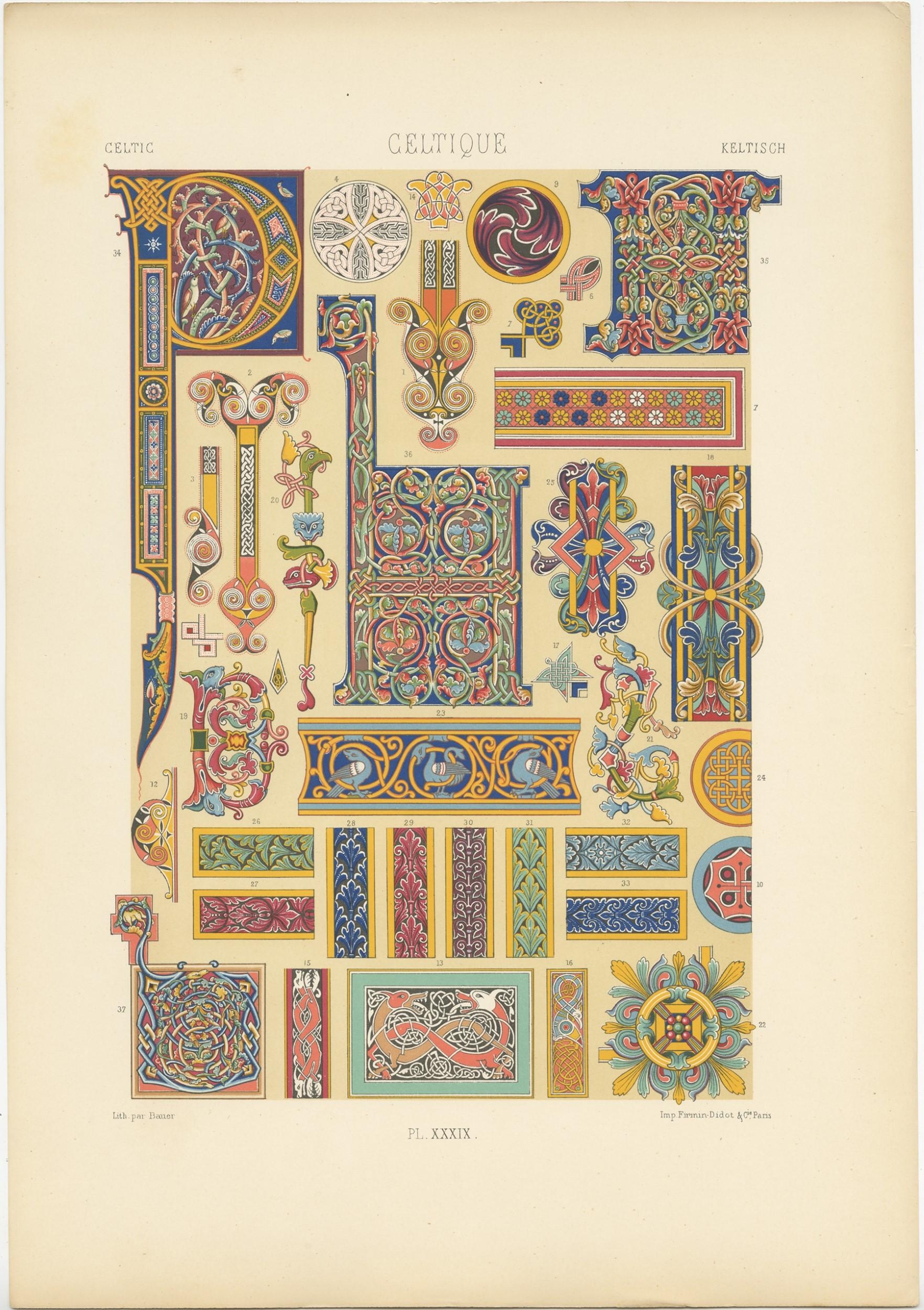 Antique print titled 'Celtic - Celtique - Keltisch'. Chromolithograph of Celtic ornaments and decorative arts. This print originates from 'l'Ornement Polychrome' by Auguste Racinet. Published circa 1890.
