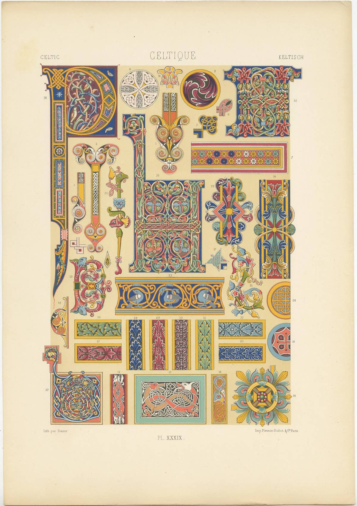 Pl. 39 Antique Print of Celtic Ornaments by Racinet (c.1890)