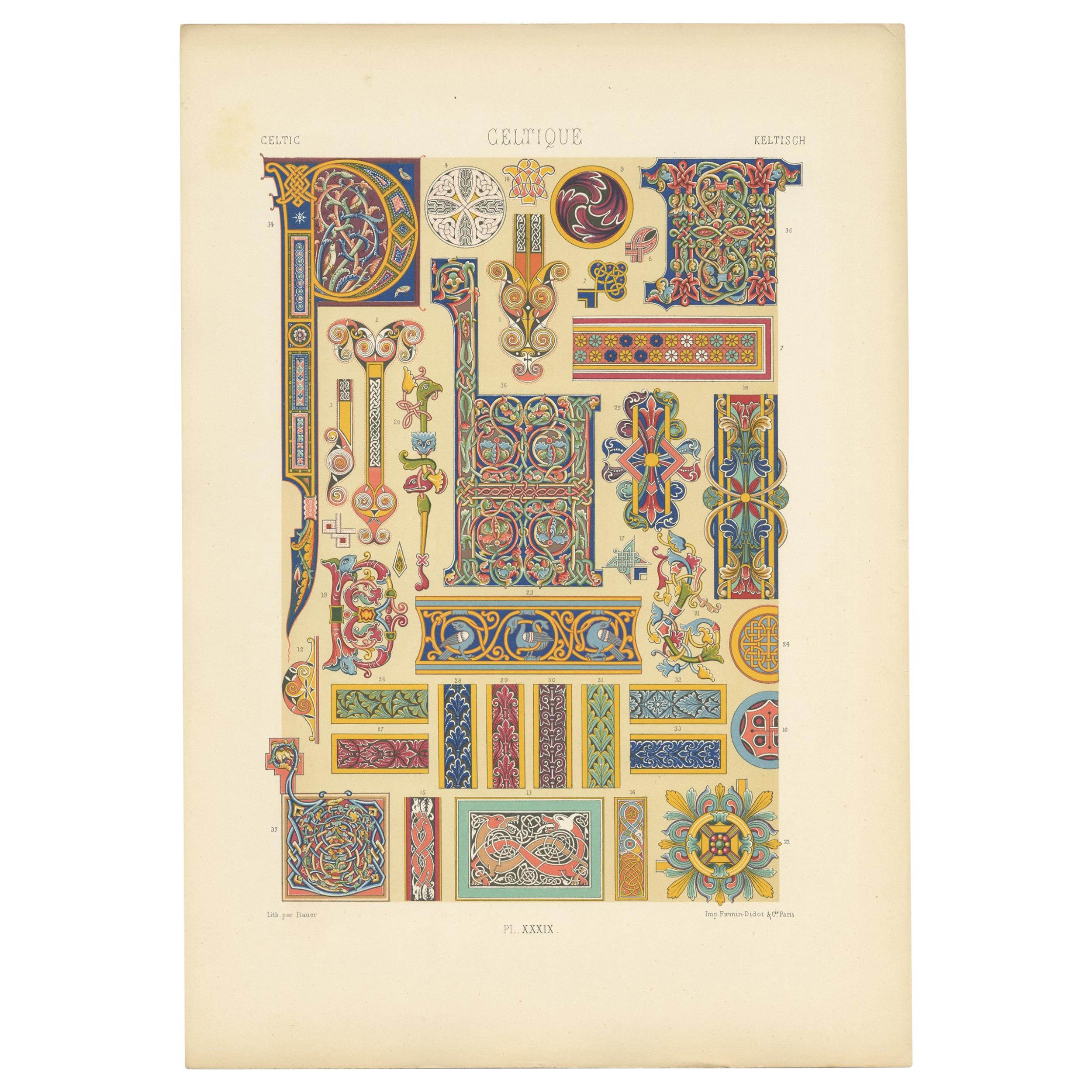Pl. 39 Antique Print of Celtic Ornaments by Racinet (c.1890) For Sale