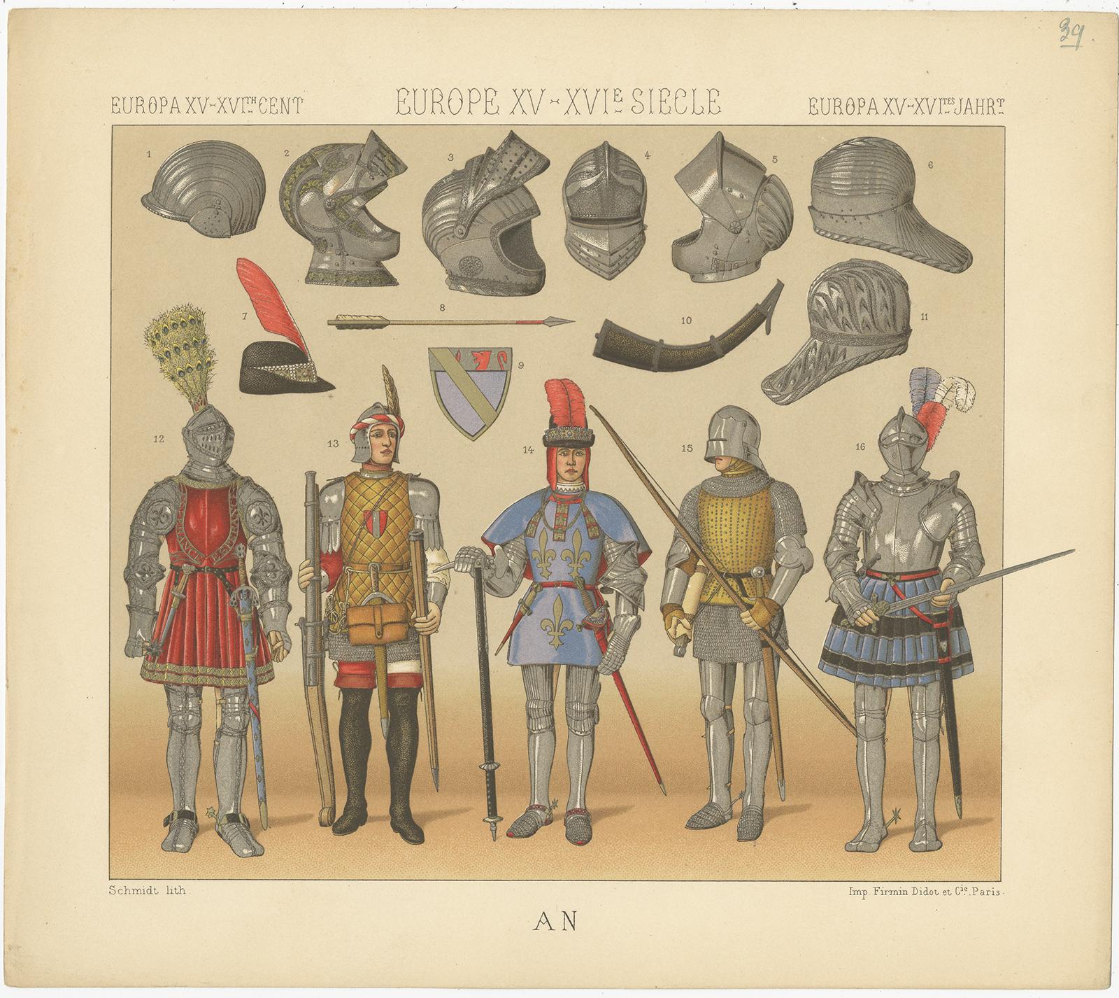 Antique print titled 'Europa XV, XVIth Cent - Europe XV, XVIe Siecle - Europa XV, XVItes Jahr'. Chromolithograph of European 15th-16th century armament. This print originates from 'Le Costume Historique' by M.A. Racinet. Published circa 1880.
