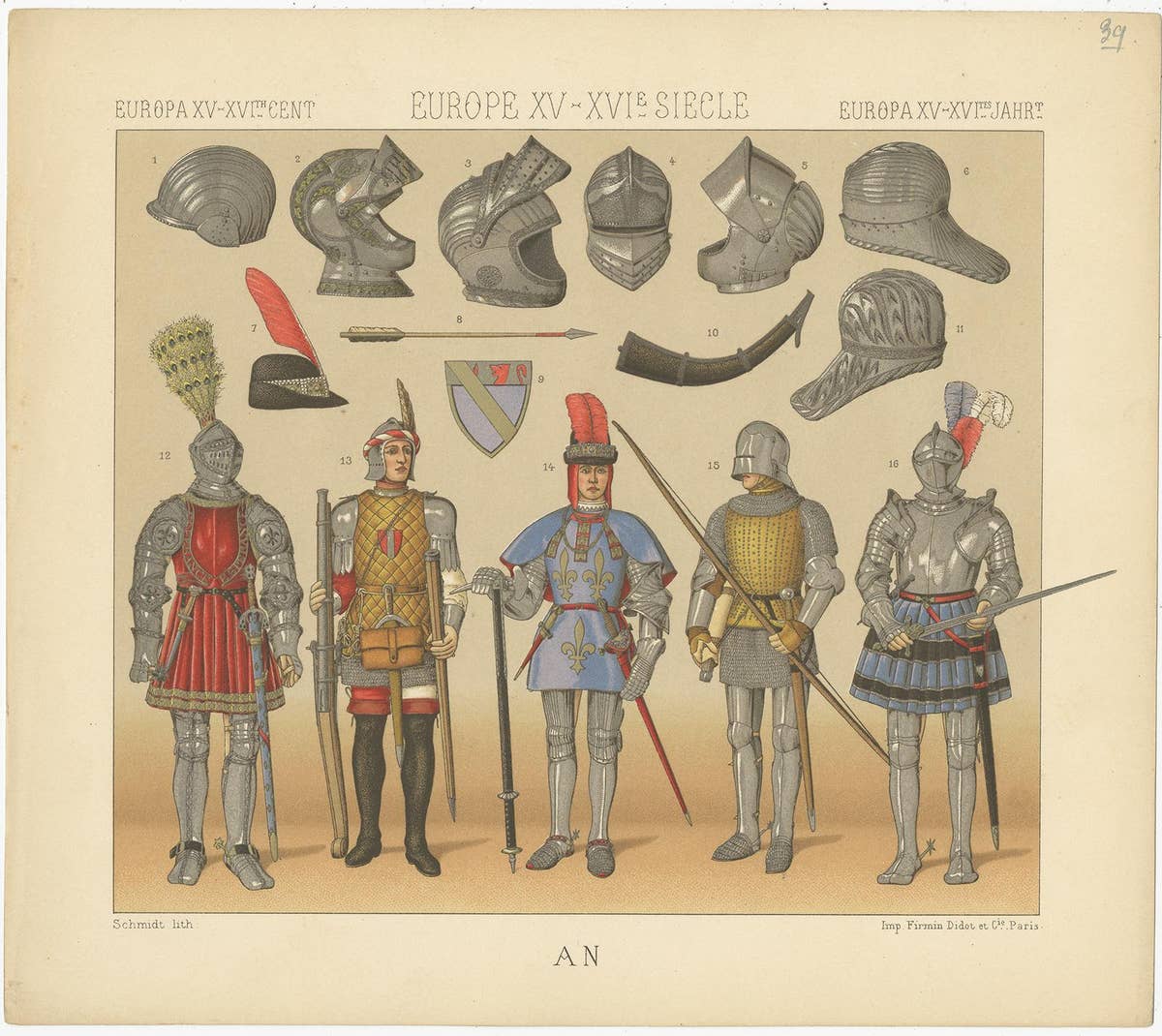 Pl. 39 Print of European 15th-16th Century Armament by Racinet, circa 1880
