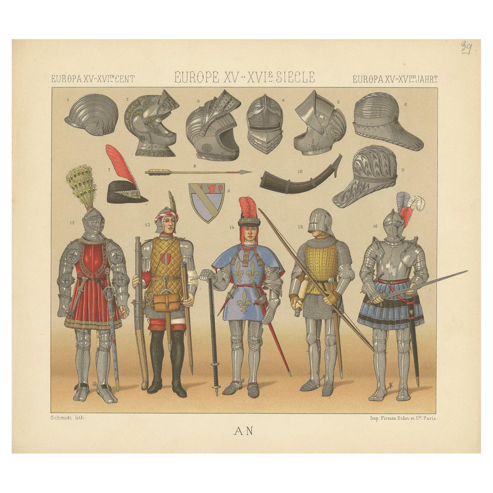 Pl. 39 Print of European 15th-16th Century Armament by Racinet, circa 1880 For Sale