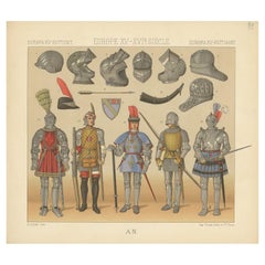 Impression Pl. 39 d'armoiries européennes du 15e-16e siècle par Racinet, vers 1880