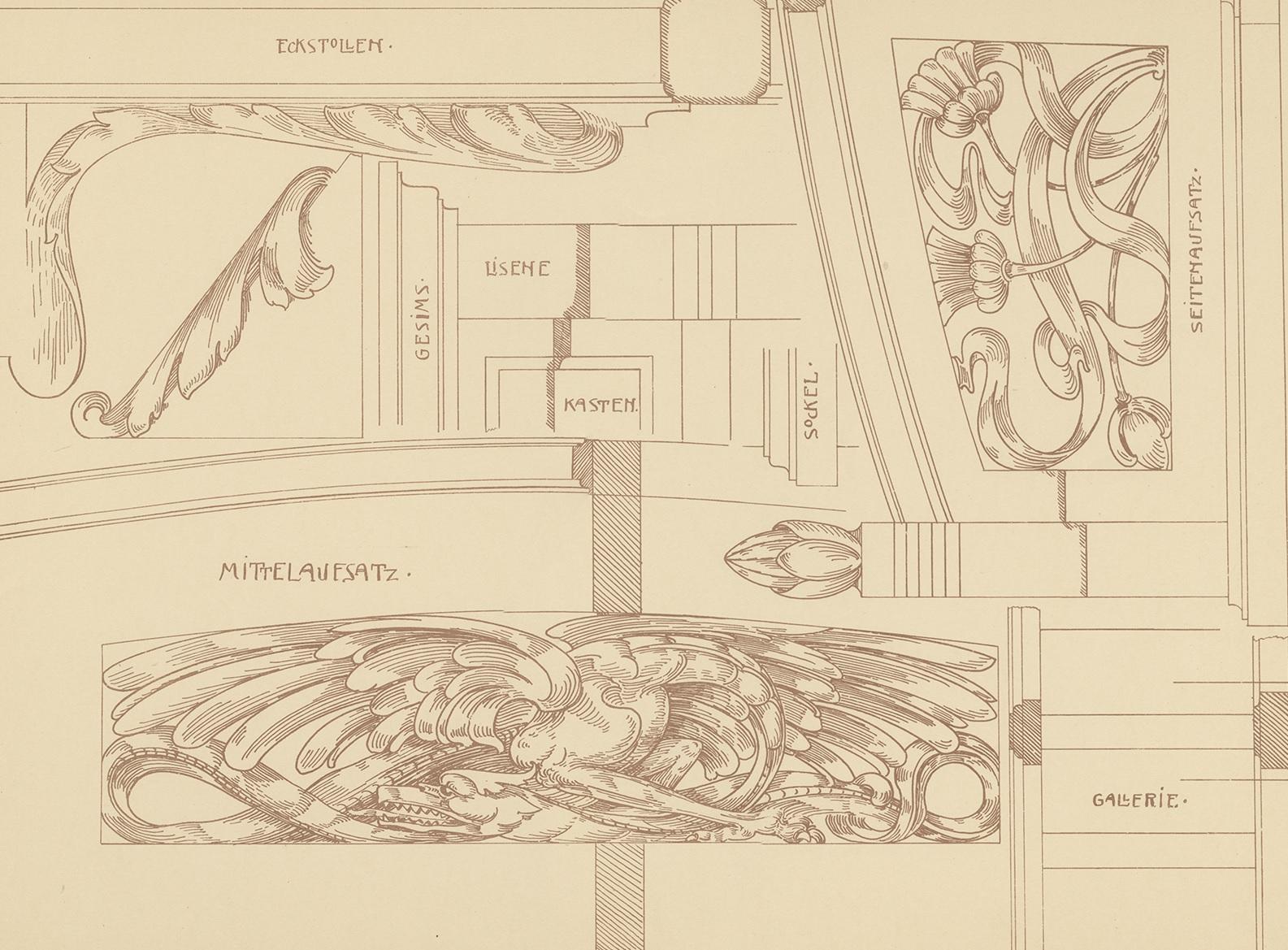 Antique print titled 'Details z. Salonschrank'. Lithograph of furniture details. This print originates from 'Det Moderna Hemmet' by Johannes Kramer. Published by Ferdinand Hey'l, circa 1910.