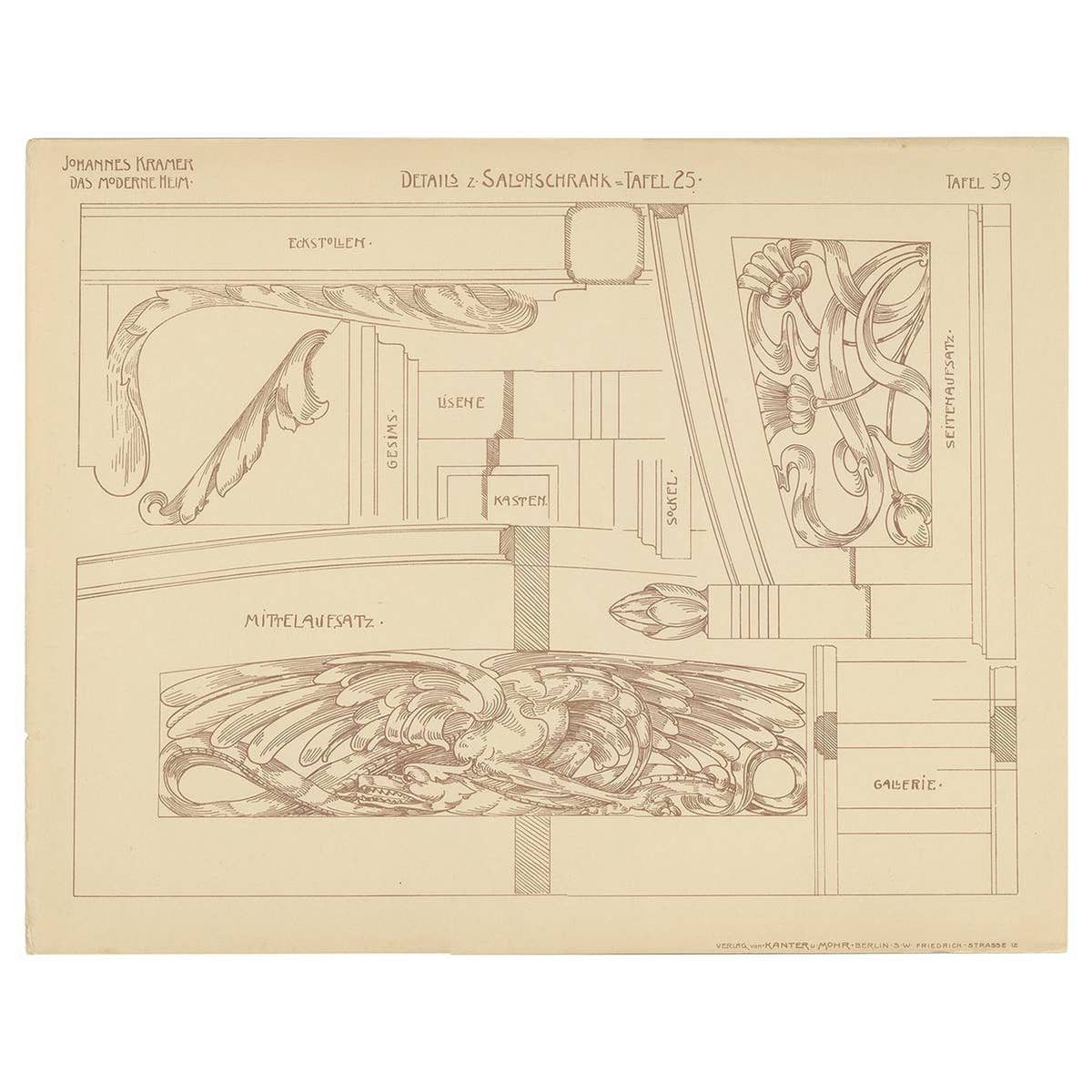 Pl. 39 Antique Print of Furniture Details by Kramer, circa 1910