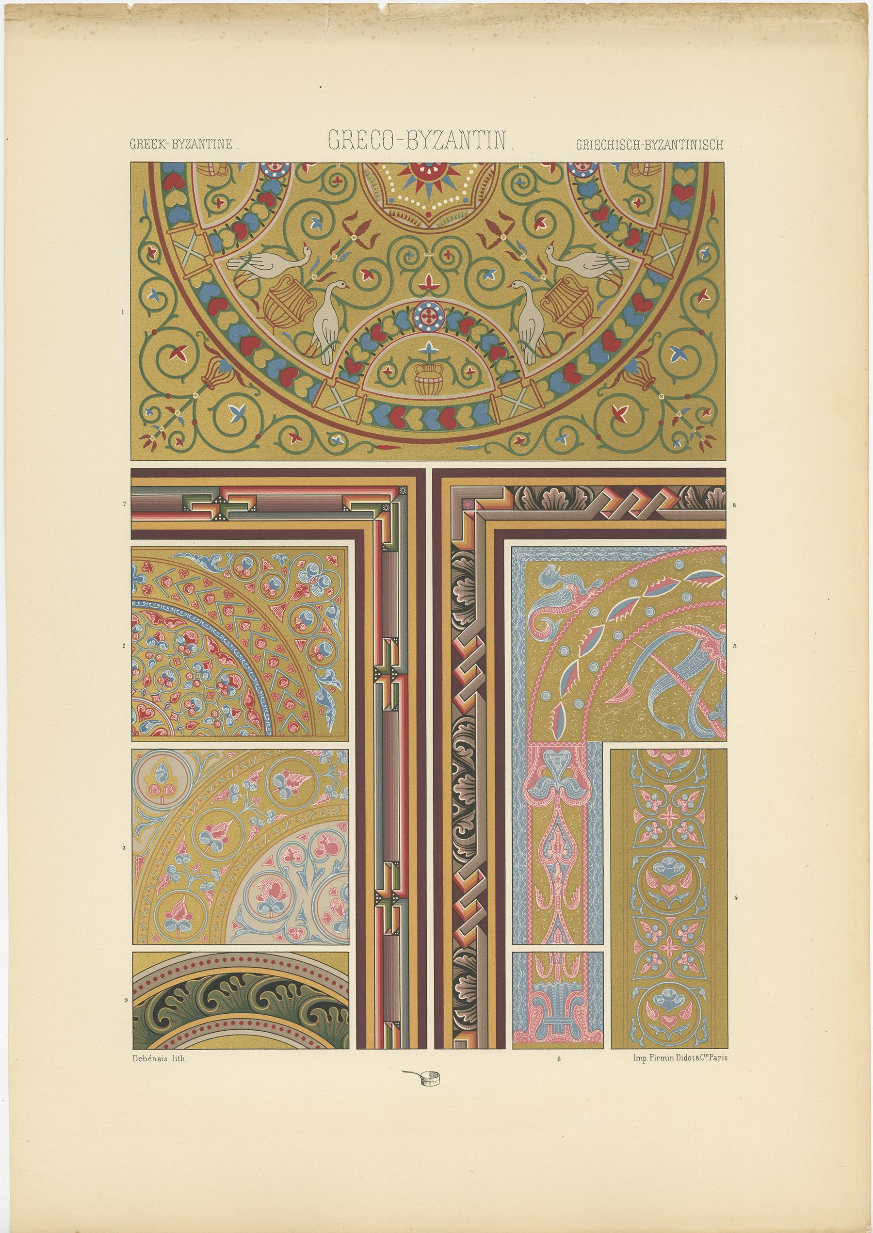 Antique print titled 'Greek-Byzantine - Greco-Byzantin - Griechisch-Byzantinisch'. Chromolithograph of architecture and manuscripts ornaments. This print originates from 'l'Ornement Polychrome' by Auguste Racinet. Published circa 1890.