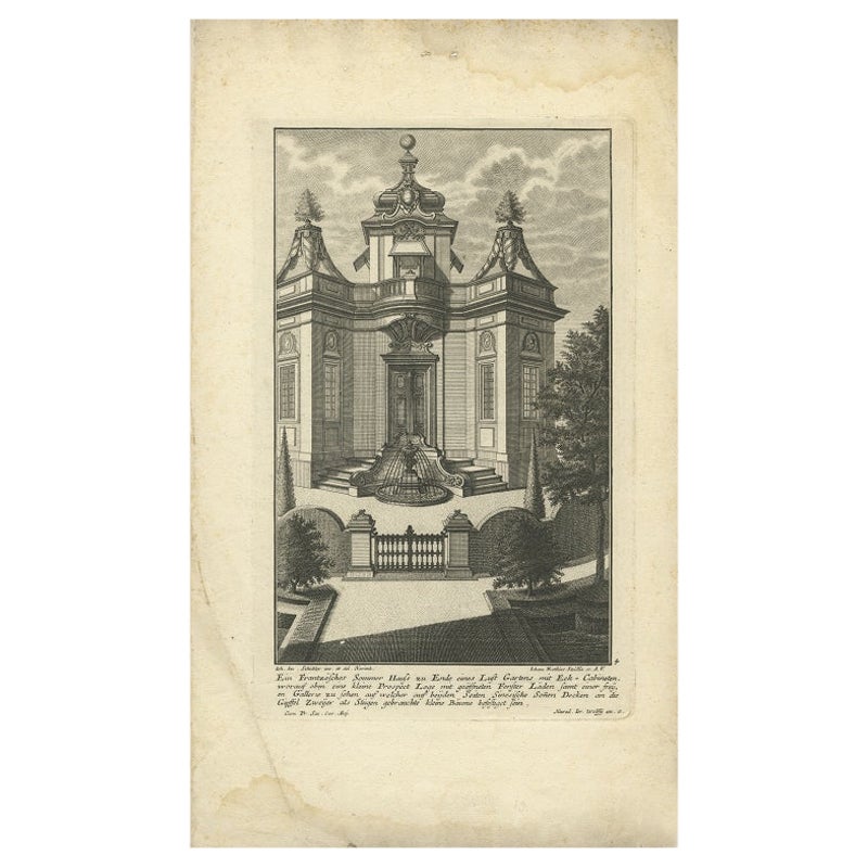 Pl. 4 Gravure ancienne d'une maison d'été dans un jardin français par Schübler, c.1724