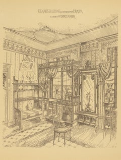 Pl. 4 Antique Print of a Living Room with Bay Window by Kramer, circa 1910