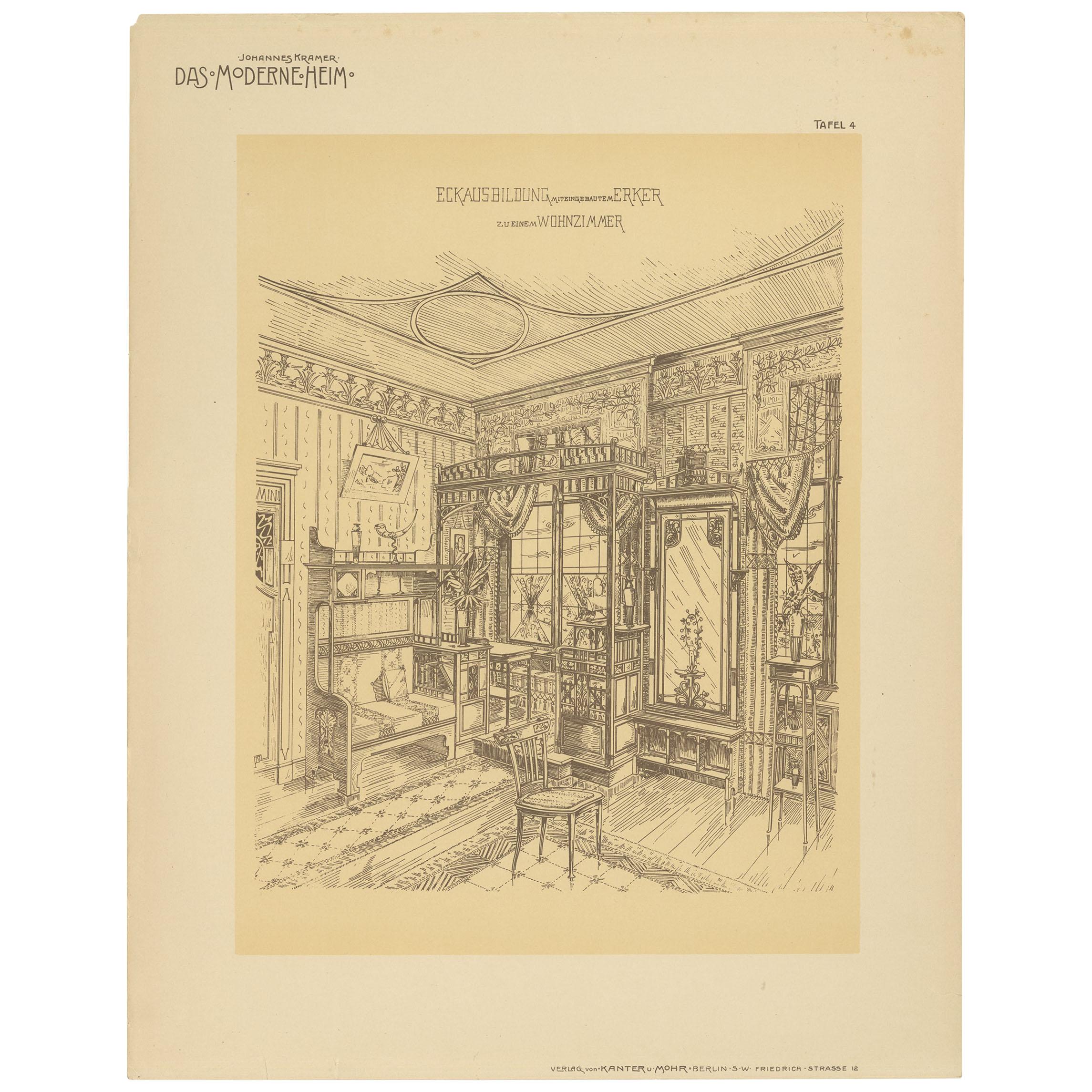 Pl. 4 Antique Print of a Living Room with Bay Window by Kramer, circa 1910