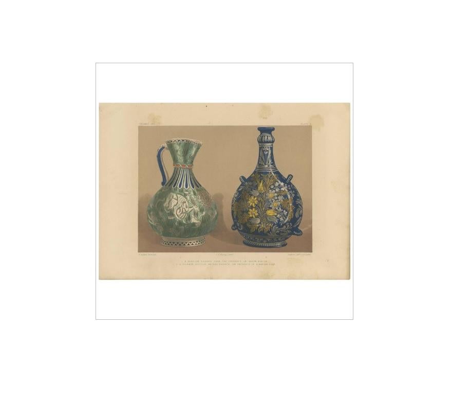 Antique print titled 'A Persian Faience and a Pilgrim Bottle'. Lithograph of a Persian faience and pilgrim bottle. This print originates from ‘Examples of Pottery and Porcelain selected from the Royal and other Collections’. Edited by J.B. Waring.