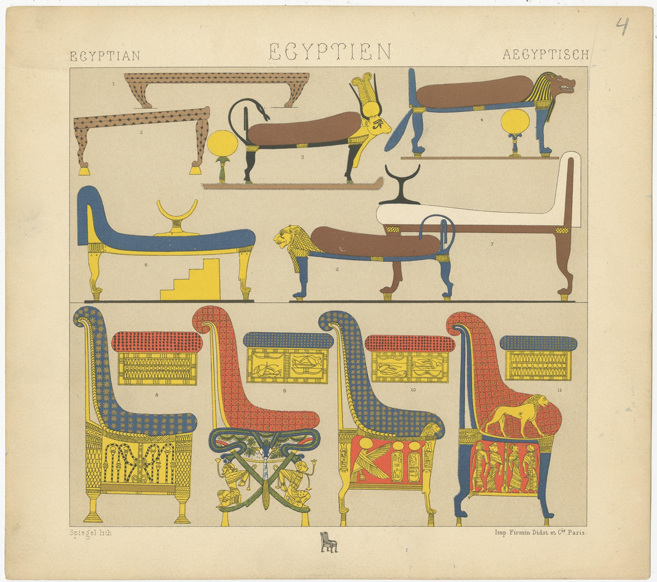 Antique print titled 'Egyptian - Egyptien - Aegyptisch'. Chromolithograph of Egyptian Furniture. This print originates from 'Le Costume Historique' by M.A. Racinet. Published, circa 1880.
 
  
