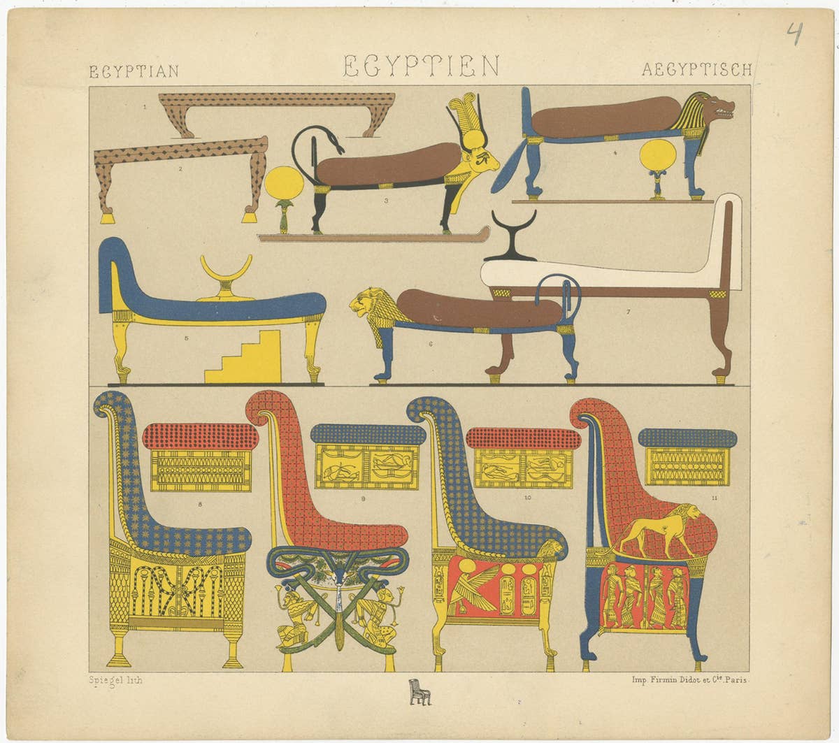 Pl. 4 Antique Print of Egyptian Furniture by Racinet, 'circa 1880'