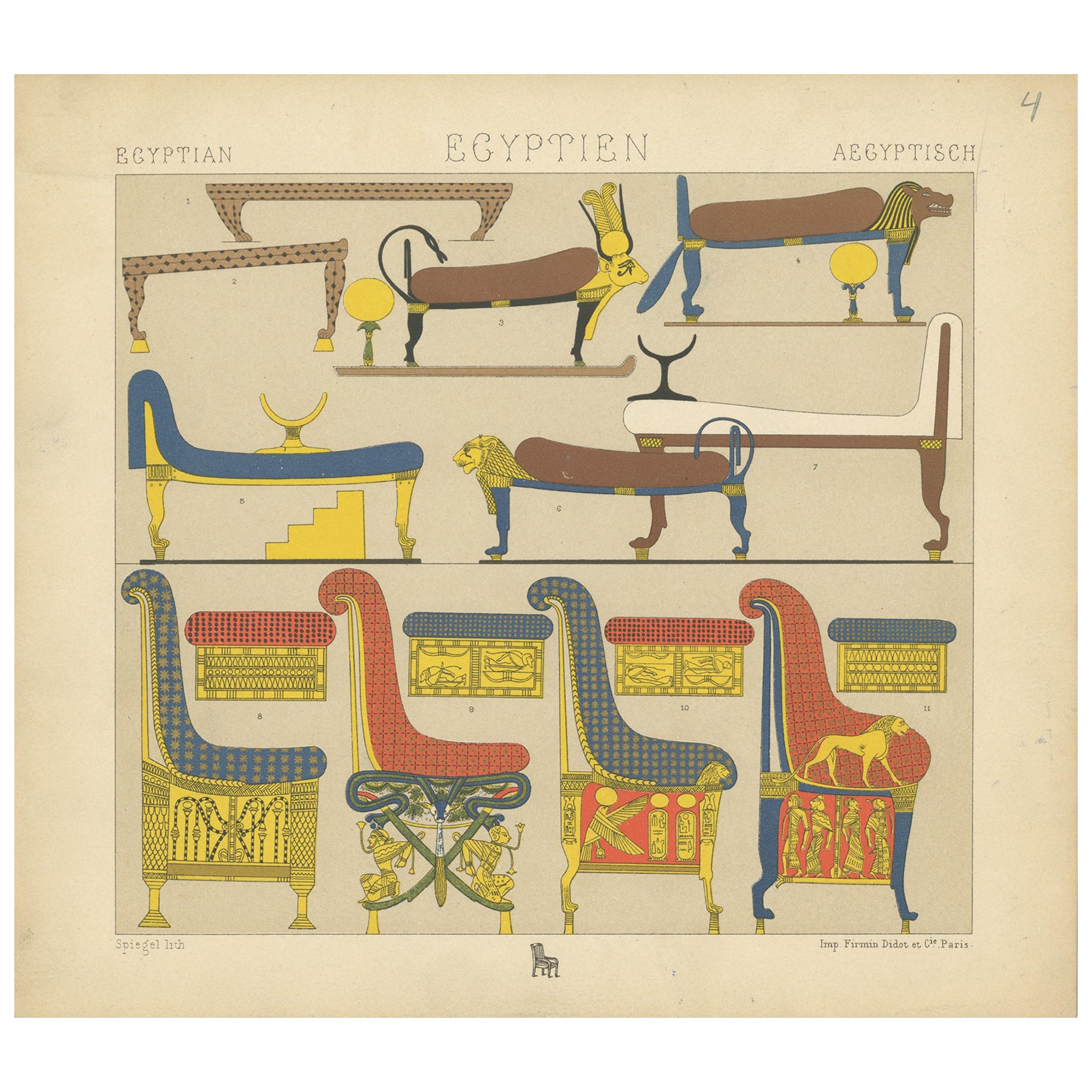 Impression ancienne de meubles égyptiens Pl. 4 par Racinet, vers 1880
