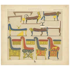 Pl. 4 Antique Print of Egyptian Furniture by Racinet, 'circa 1880'