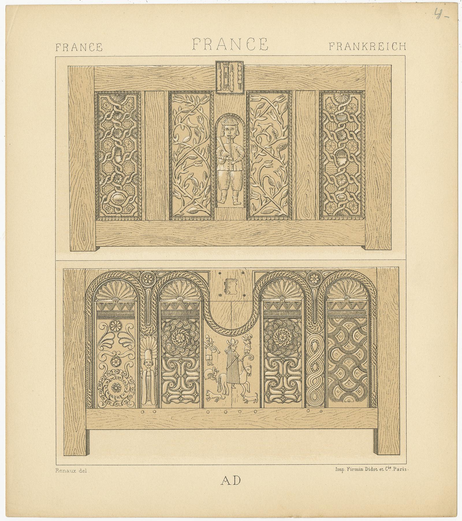 Pl. 4 Impression ancienne d'objets de mobilier français par Racinet, vers 1880 Bon état - En vente à Langweer, NL