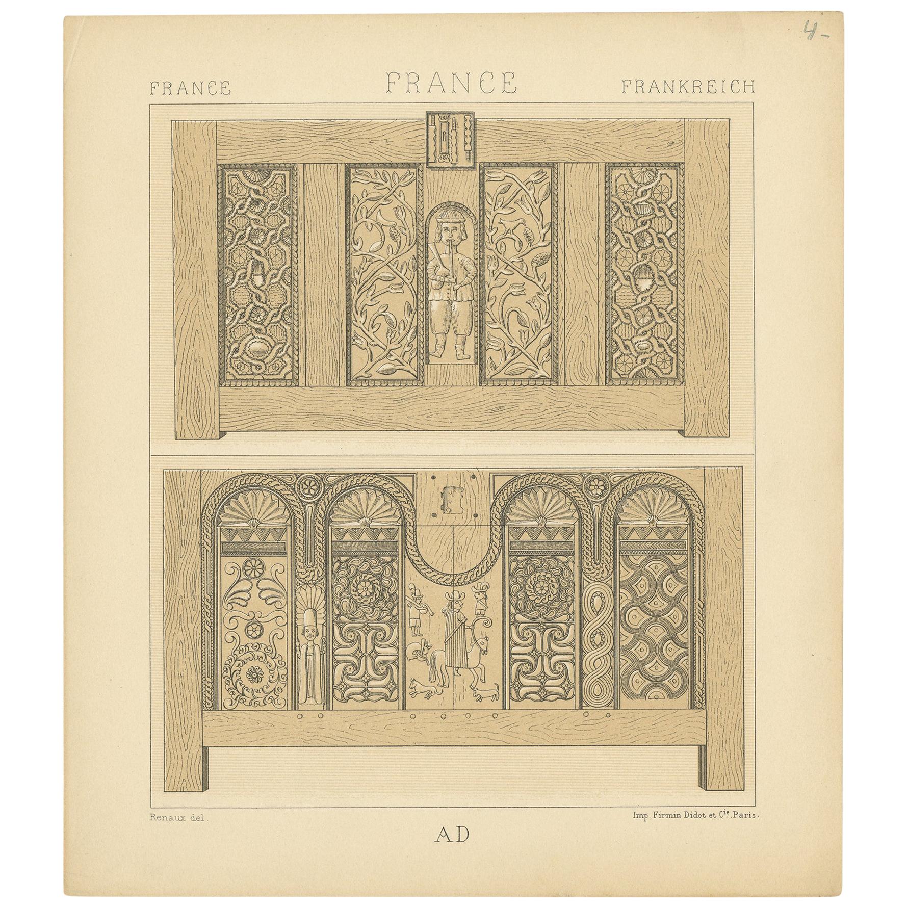 Pl. 4 Impression ancienne d'objets de mobilier français par Racinet, vers 1880 en vente