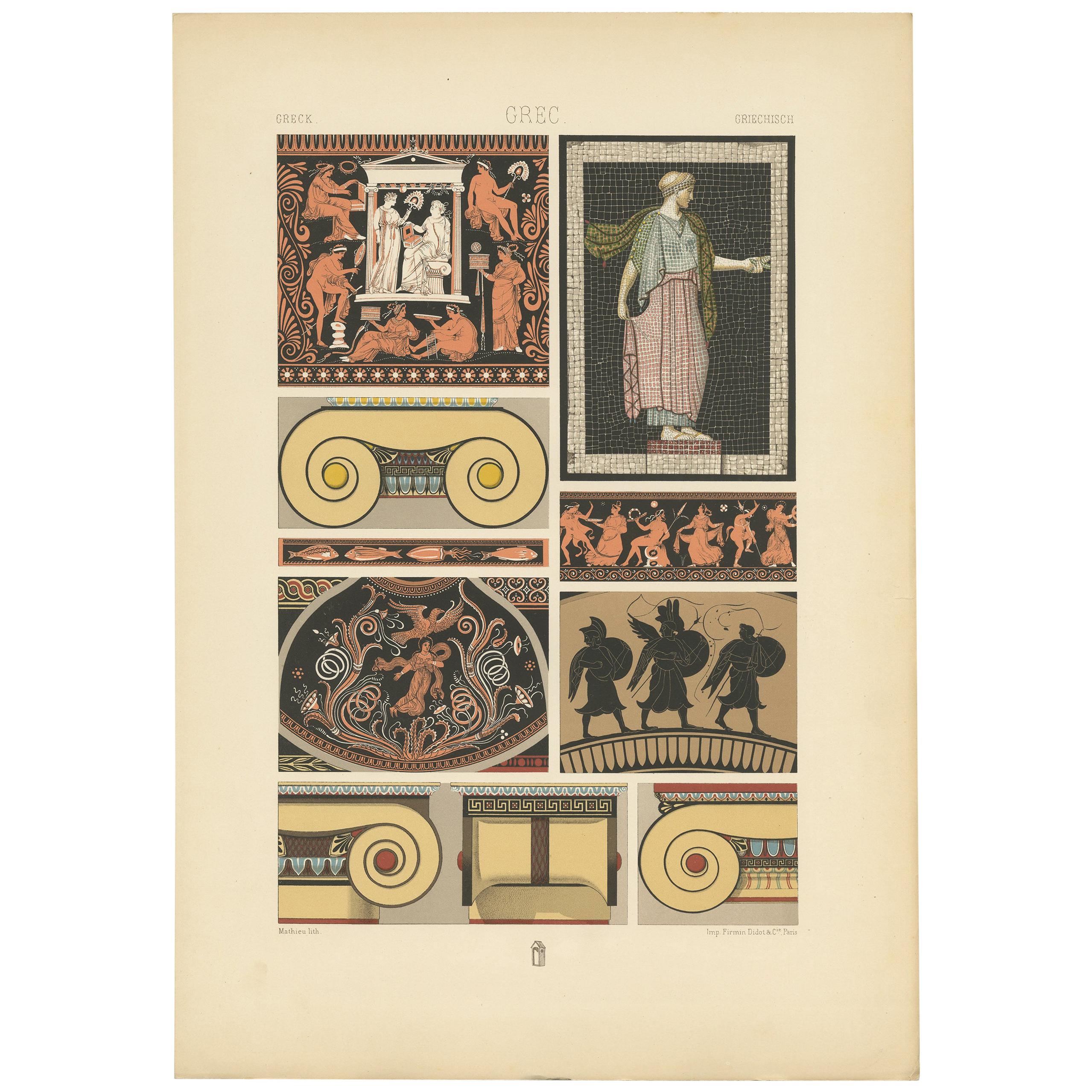Antiker Druck von griechischen Vasenmalereien und Mosaiken von Racinet, 'circa 1890'.