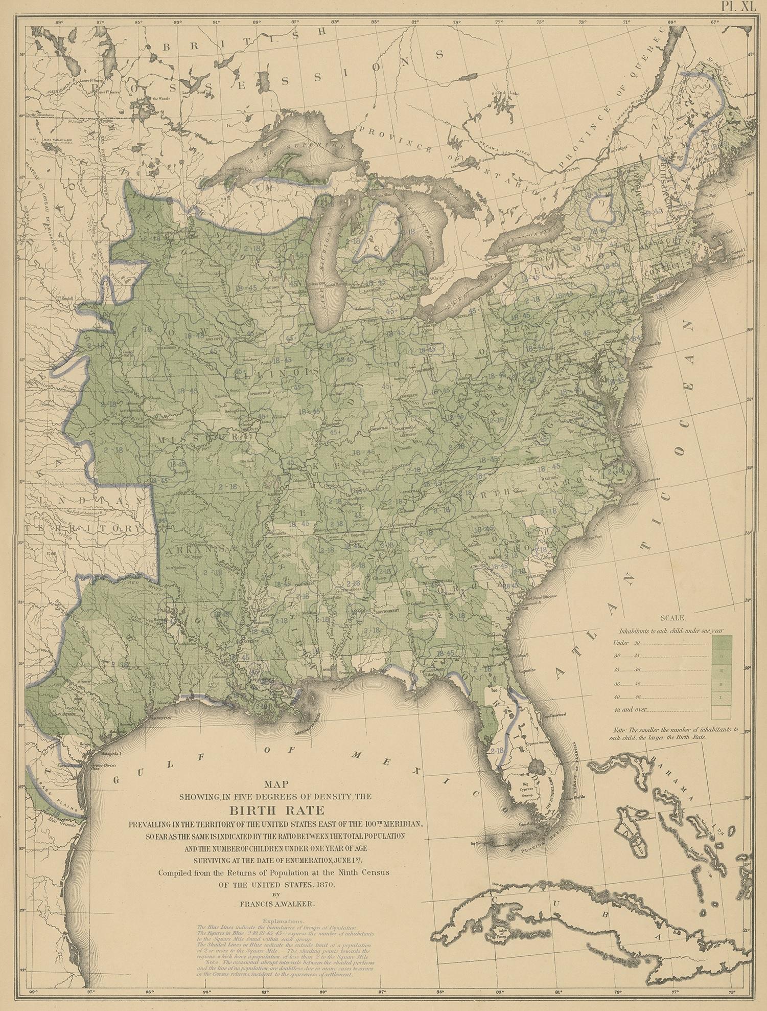 Antique chart titled 'Map showing, in five degrees of density, the birth rate prevailing in the territory of the United States east of the 100th Meridian, so far as the same is indicated by the ratio between the total population and the number of