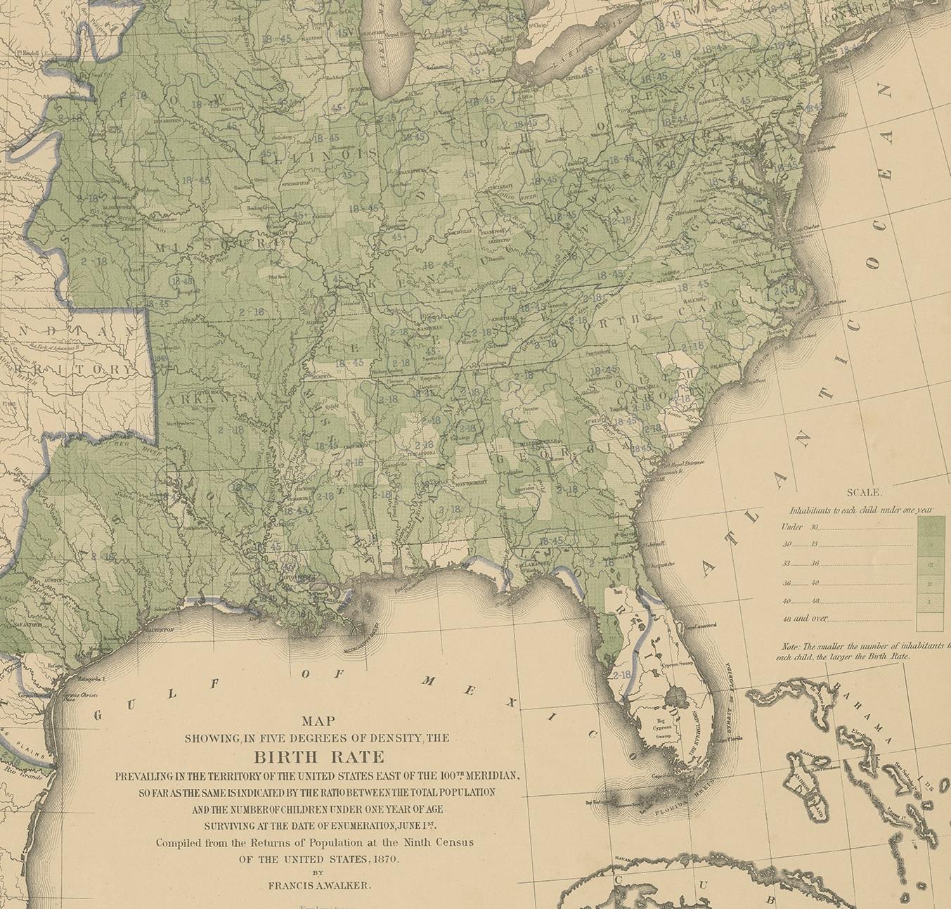 Pl. 40 Antique Chart of the US Birth Rate, 1874 In Good Condition For Sale In Langweer, NL