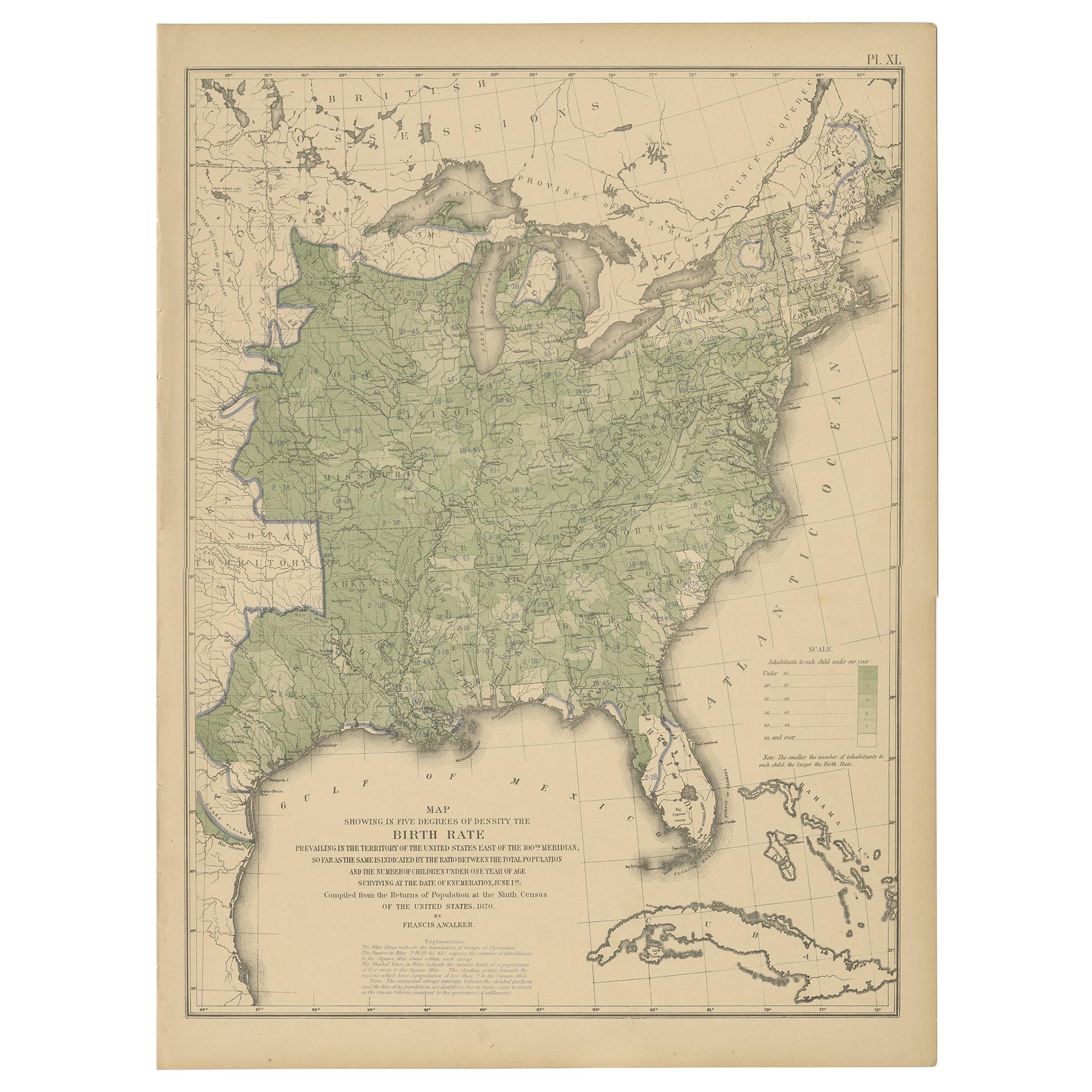 Pl. 40 Antique Chart of the US Birth Rate, 1874 For Sale
