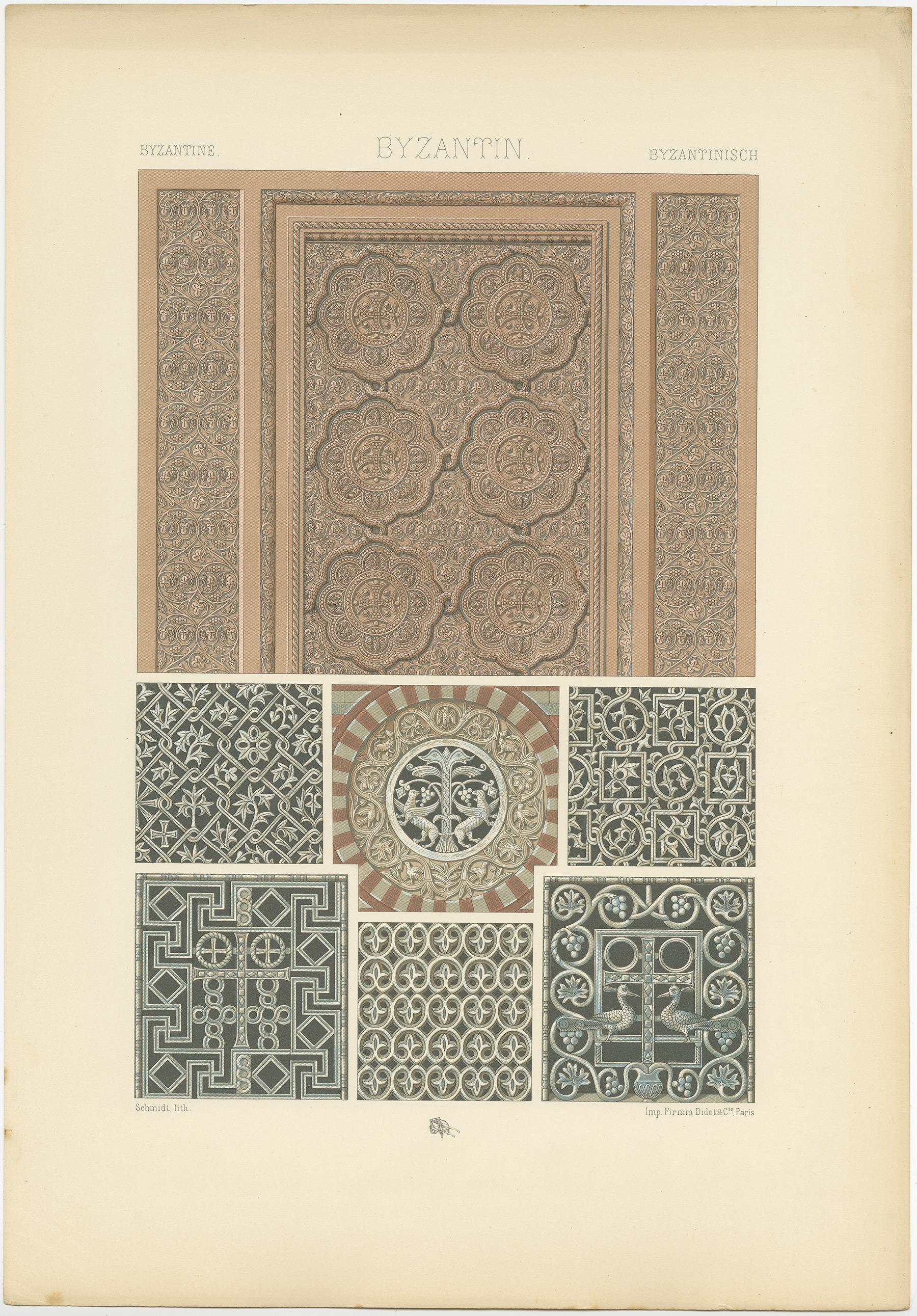 Antique print titled 'Byzantine - Byzantin - Byzantinisch'. Chromolithograph of Architectural motifs ,Egypt and Italiy, 6th century or earlier ornaments. This print originates from 'l'Ornement Polychrome' by Auguste Racinet. Published circa 1890.