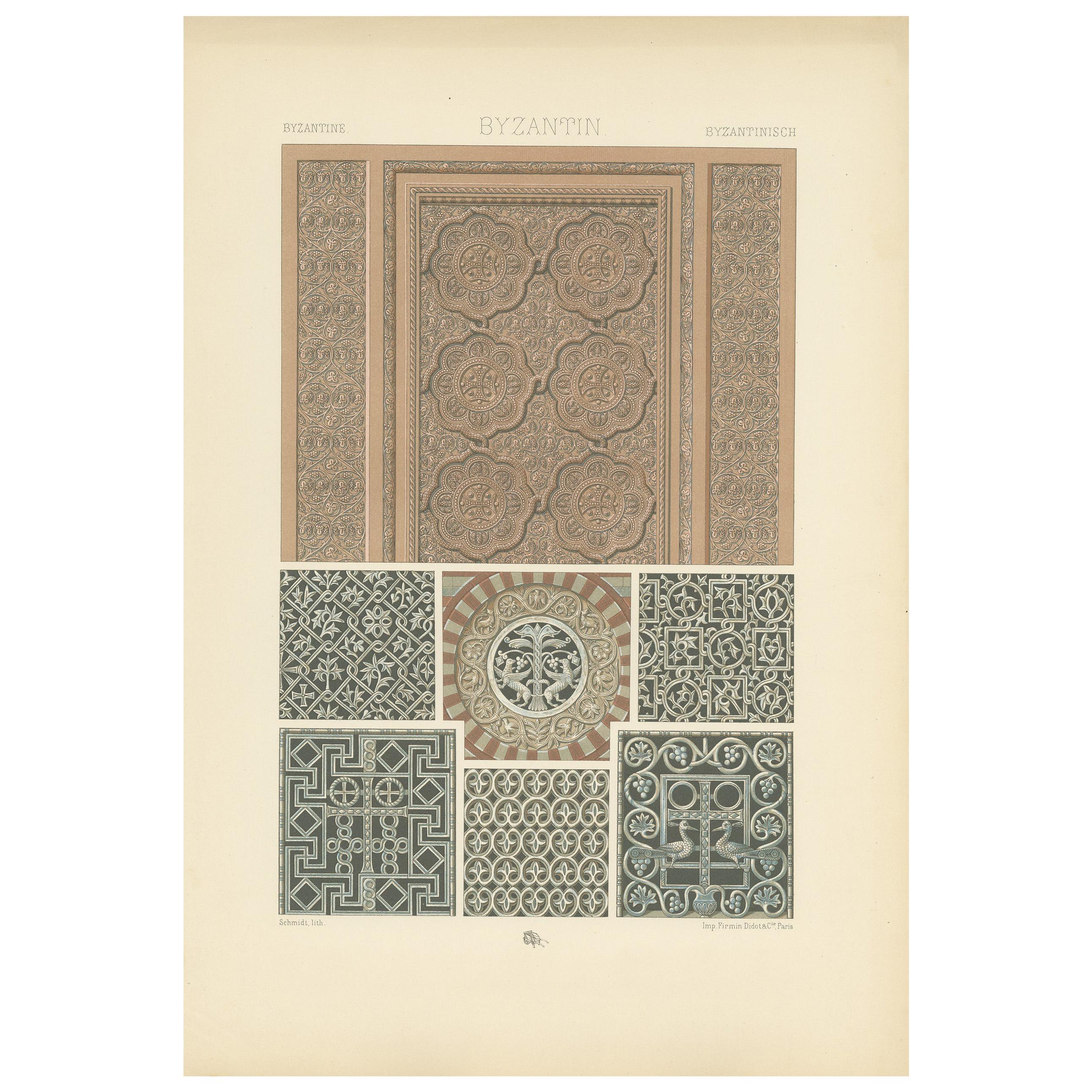 Pl. 40 Grabado antiguo de motivos arquitectónicos bizantinos  por Racinet, hacia 1890